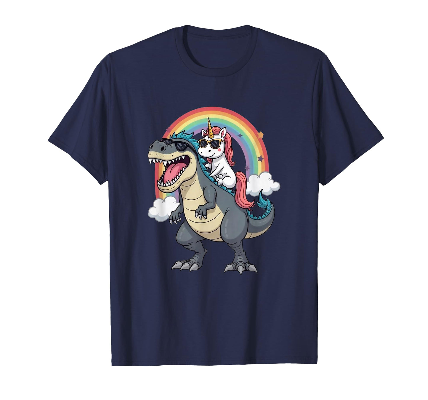 Unicorn Riding T-Rex Dinosaur Rainbow Boys Girls Men Women T-Shirt