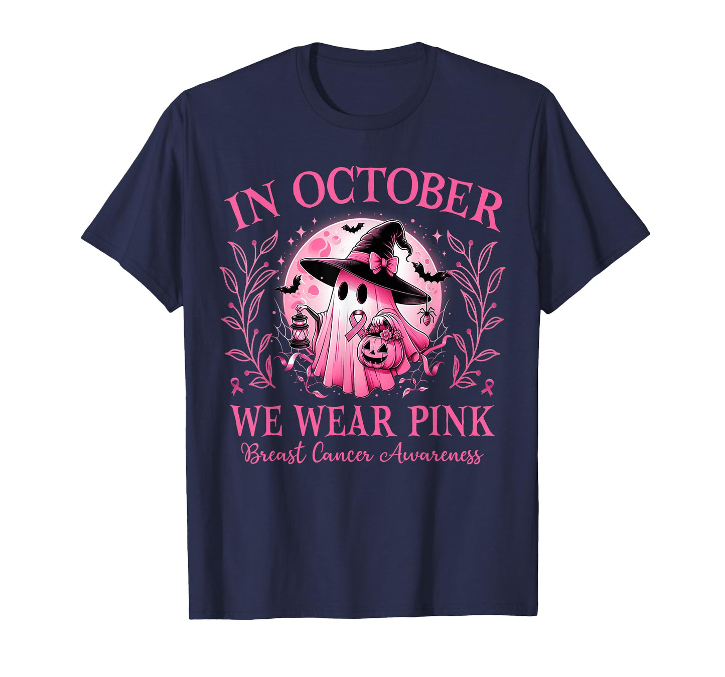 In October We Wear Pink Ghost Witch Breast Cancer Halloween T-Shirt