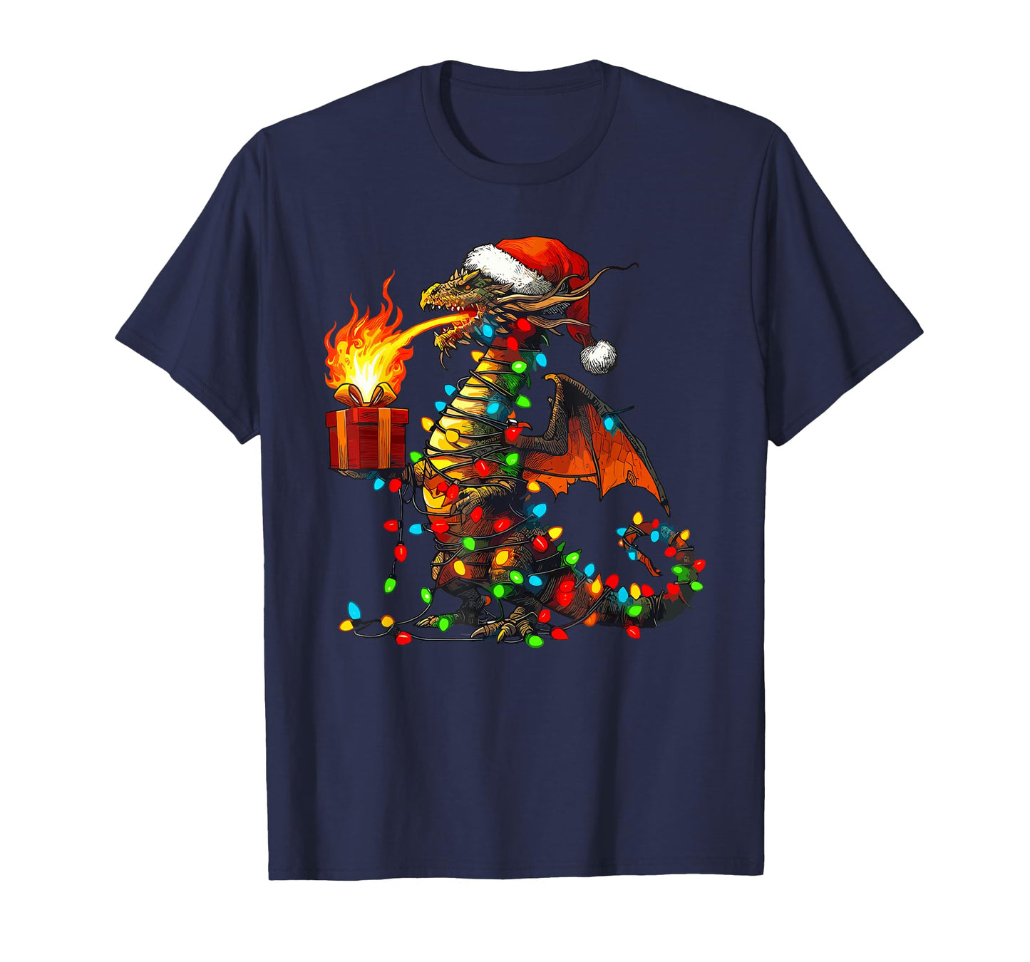 Dragon Wearing Santa Hat, Holding A Present Box Xmas T-Shirt