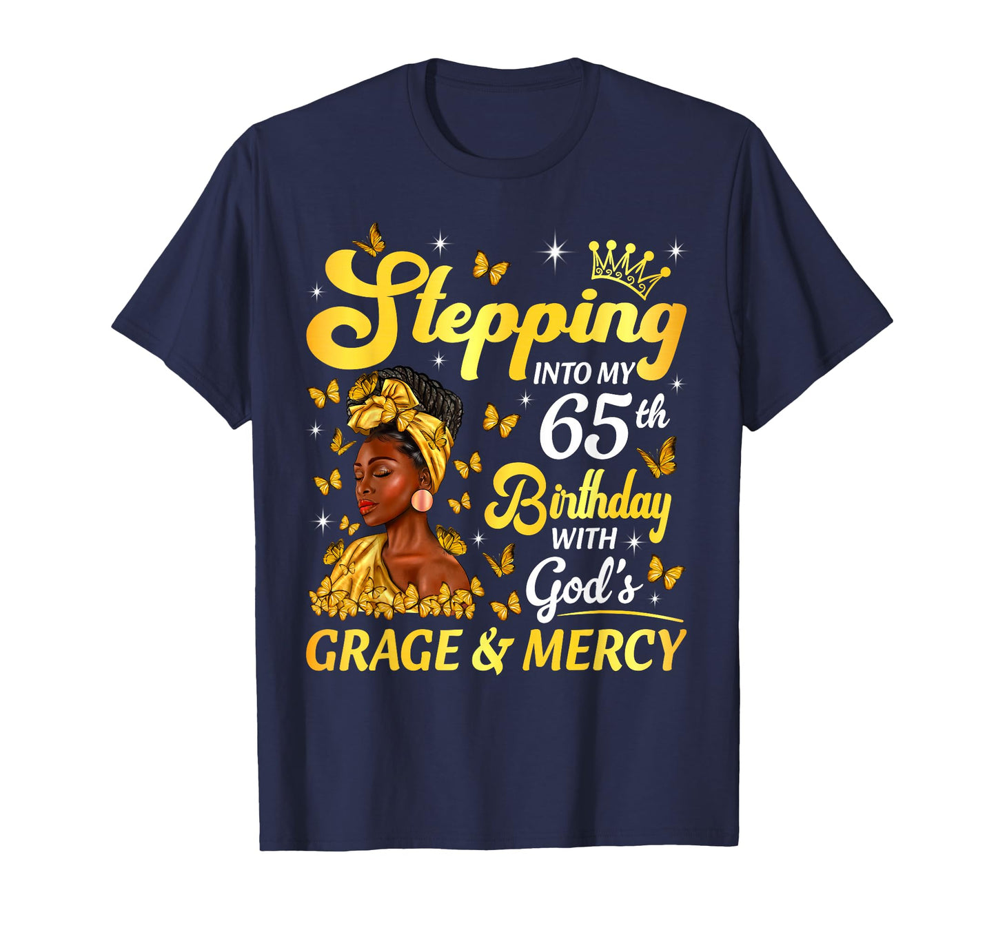 Stepping Into My 65th Birthday Afro Woman Religious Birthday T-Shirt