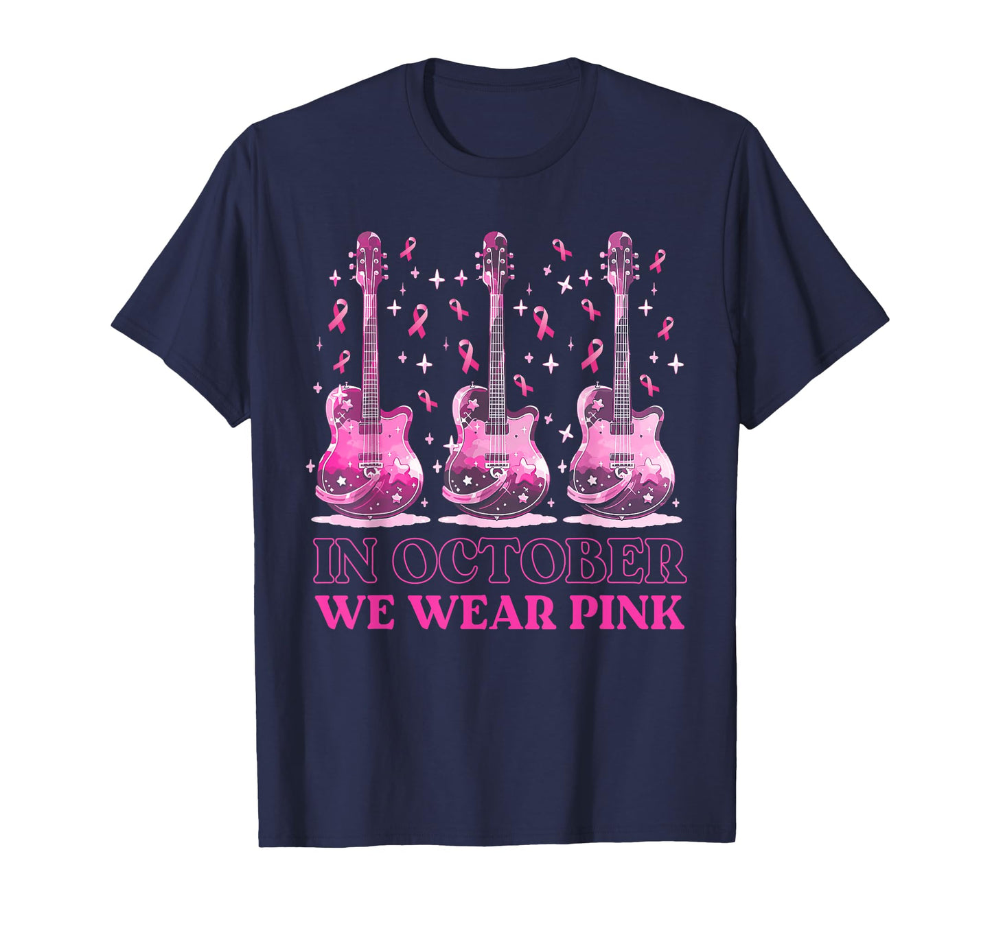 In October We Wear Pink Ribbon Guitar For Breast Cancer T-Shirt