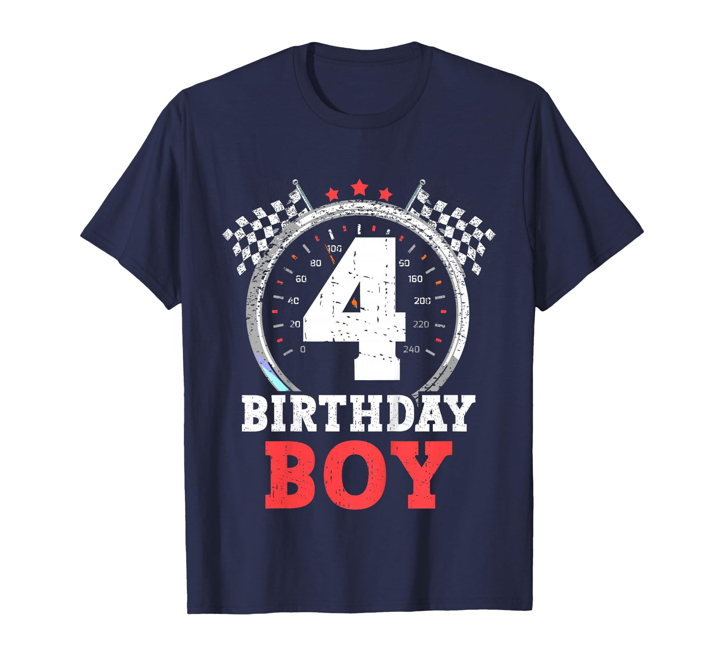 Kids 4th Birthday Boy 4 Fourth Race Car Birthday Racing Car Flag T-Shirt