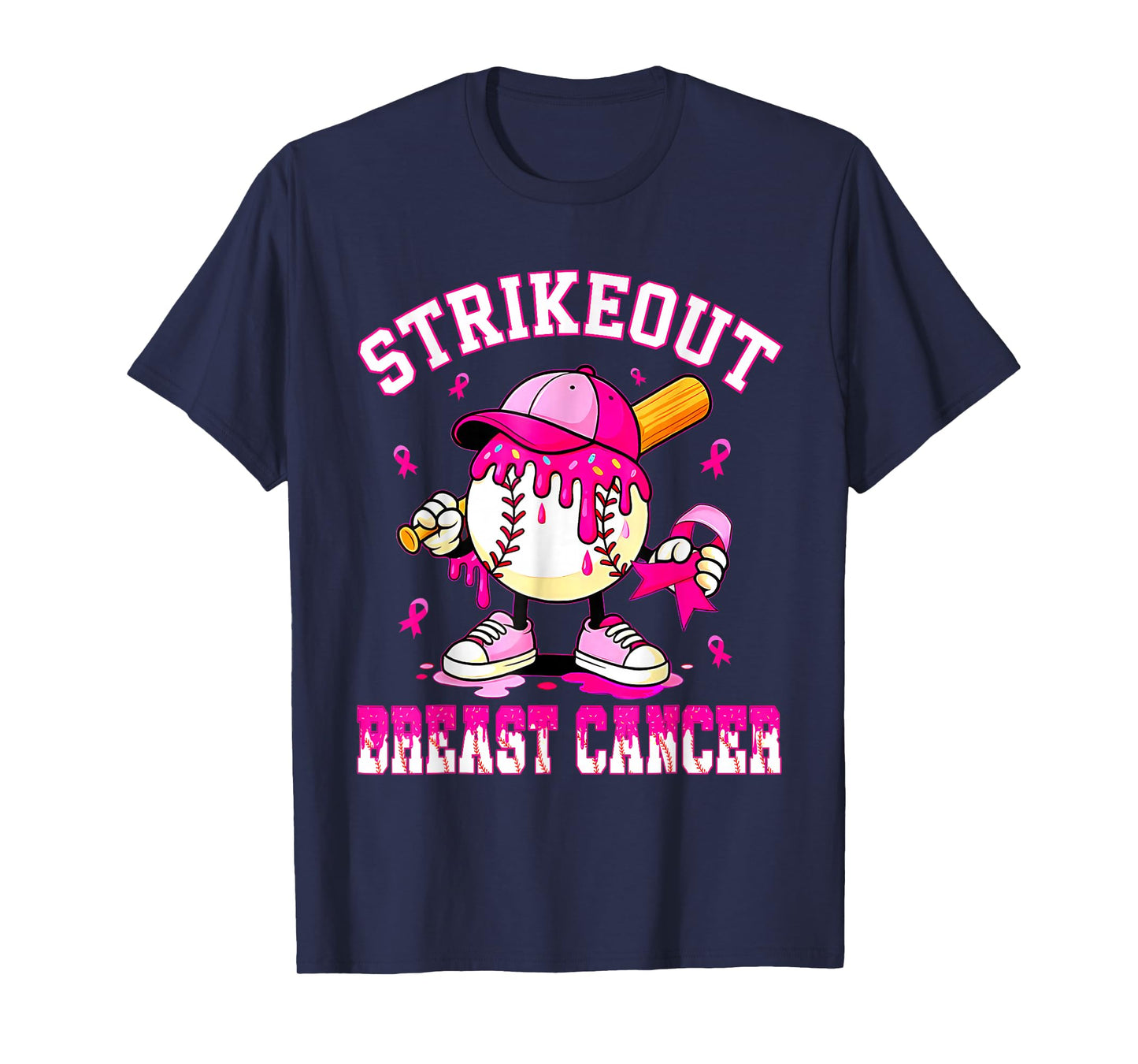 Strike Out Breast Cancer Awareness Baseball Drip Pink Ribbon T-Shirt