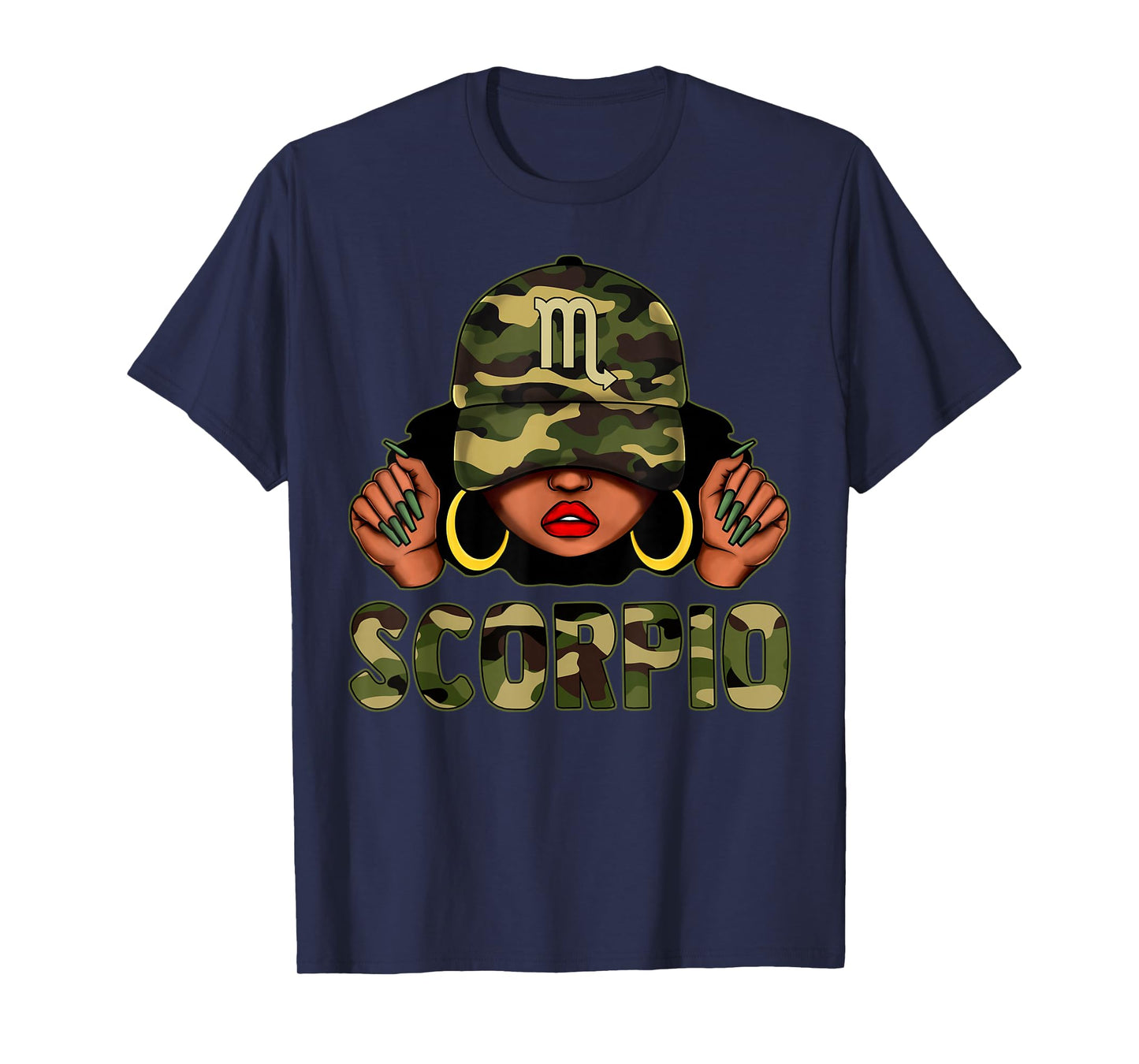 Scorpio Queen Black Woman With Cap Camo Afro Girl Zodiac T-Shirt