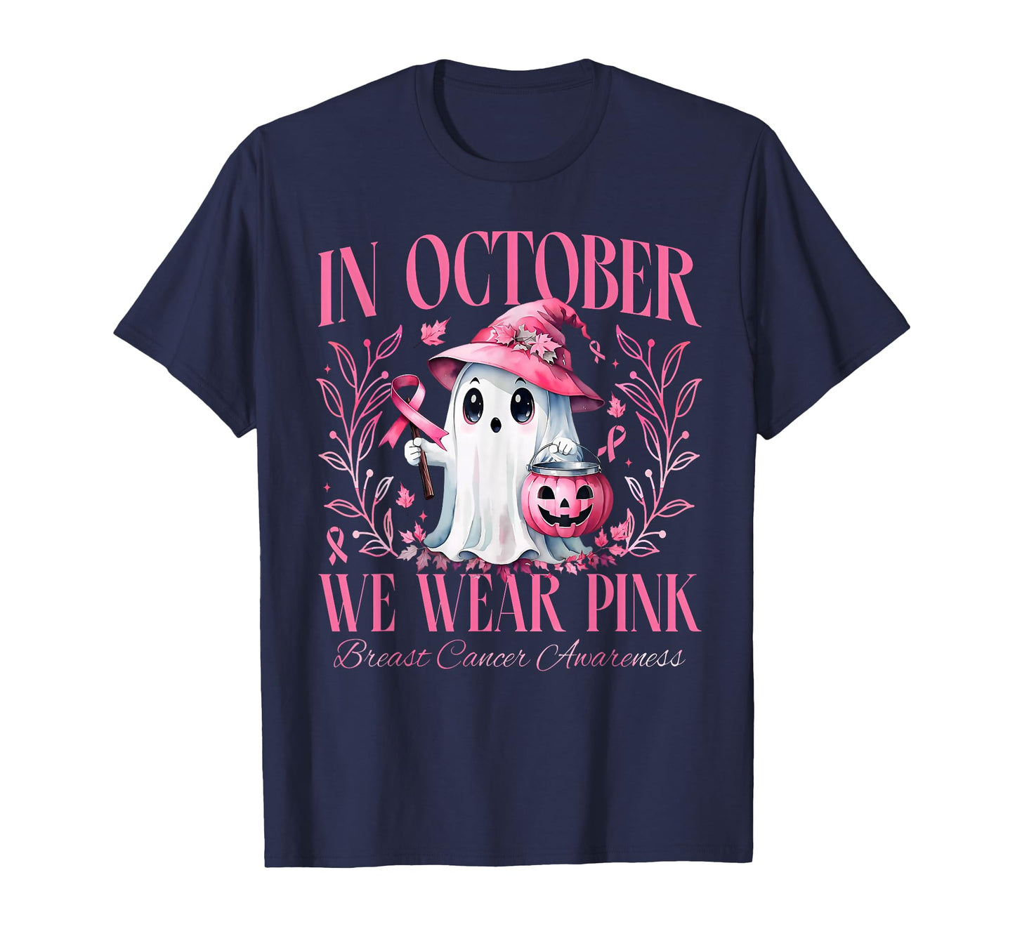 In October We Wear Pink Breast Cancer Awareness Ghost Ribbon T-Shirt