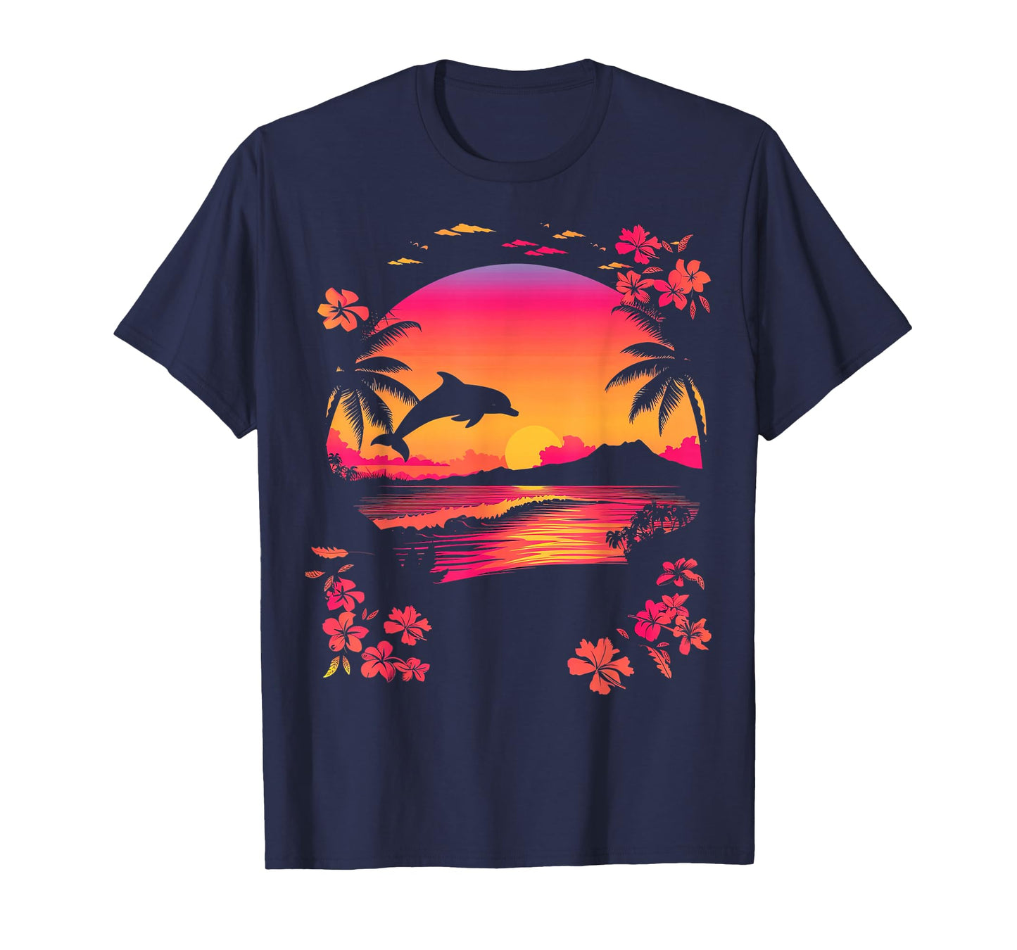 Tropical Sunset Dolphin Pink Beach Scene Men Women Kids T-Shirt