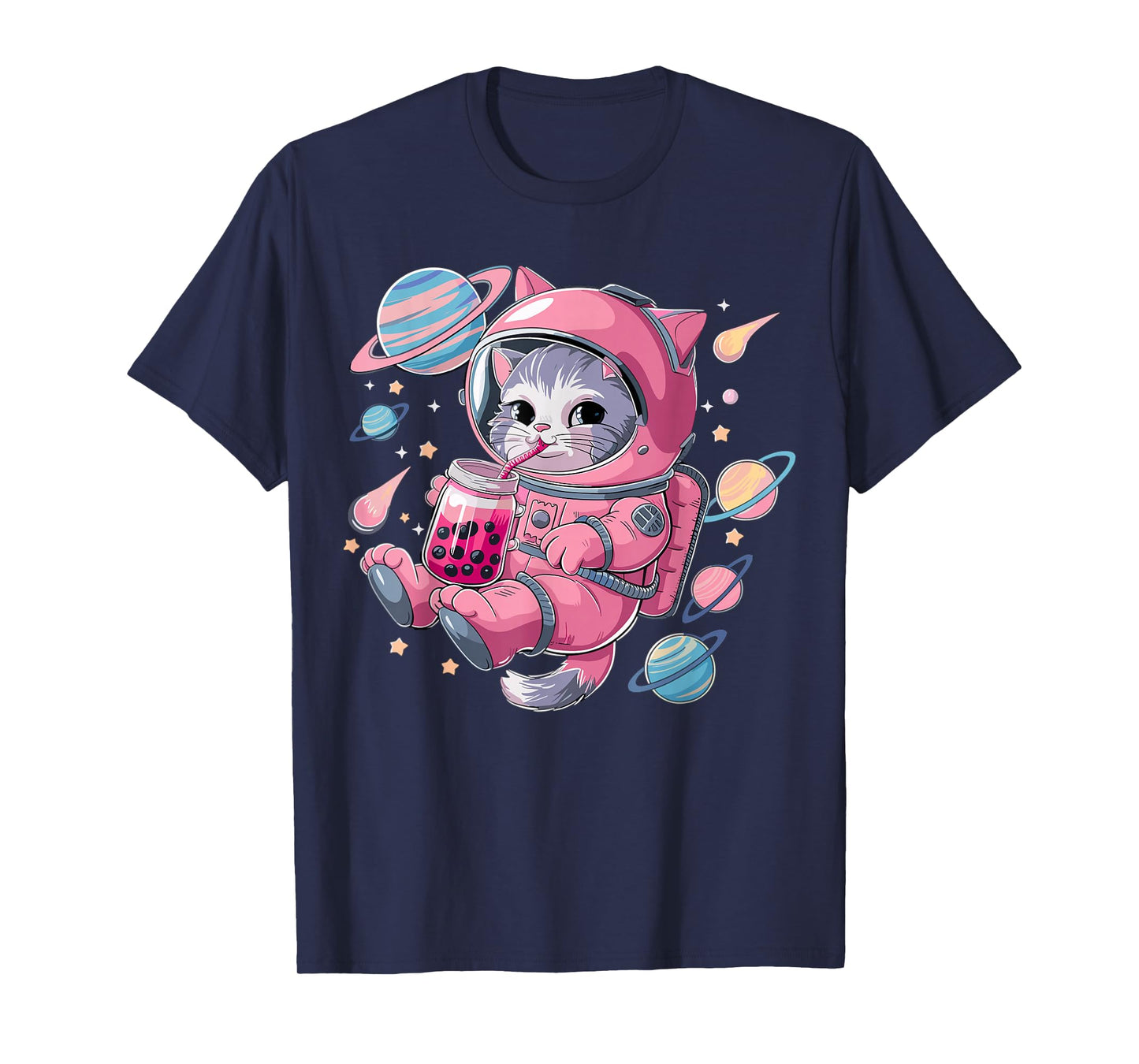 Kawaii Cat Bubble Tea Boba Tea Space Astronaut Anime Girls T-Shirt