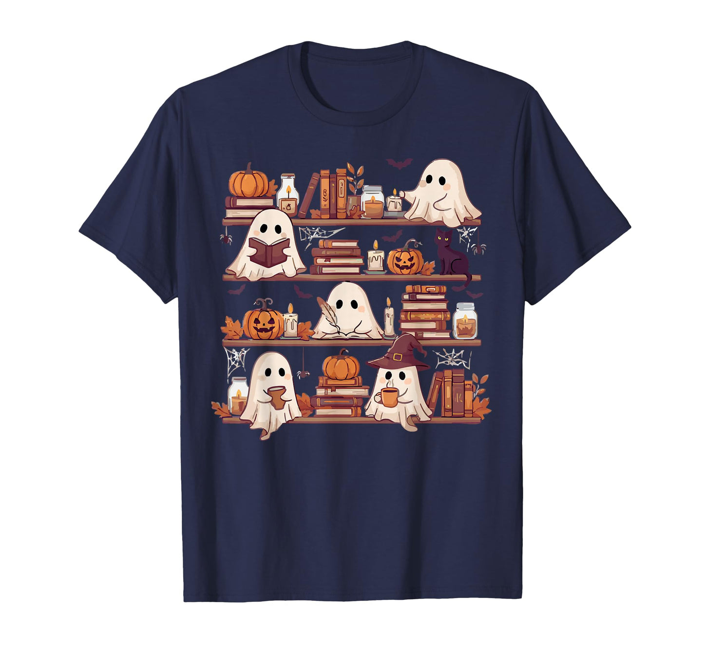 Retro Ghosts Reading Book Halloween Bookshelf Spooky Library T-Shirt