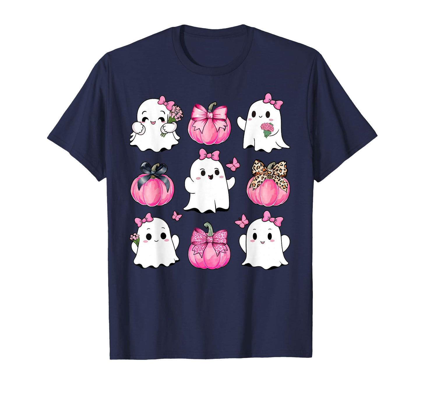 Cute Ghost Florals Pink Coquette Bows Pumpkins Halloween T-Shirt