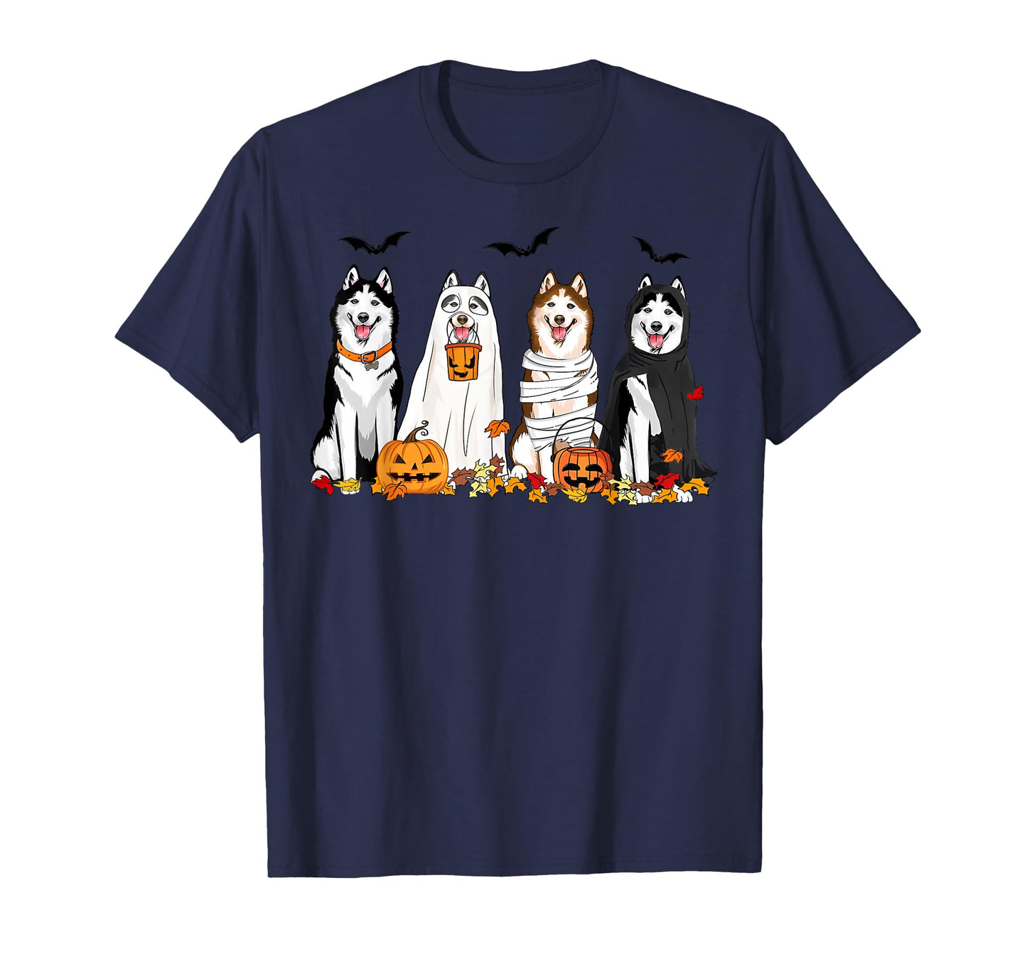 Siberian Husky Dogs Ghost Witch Mummy Halloween Pumpkins T-Shirt