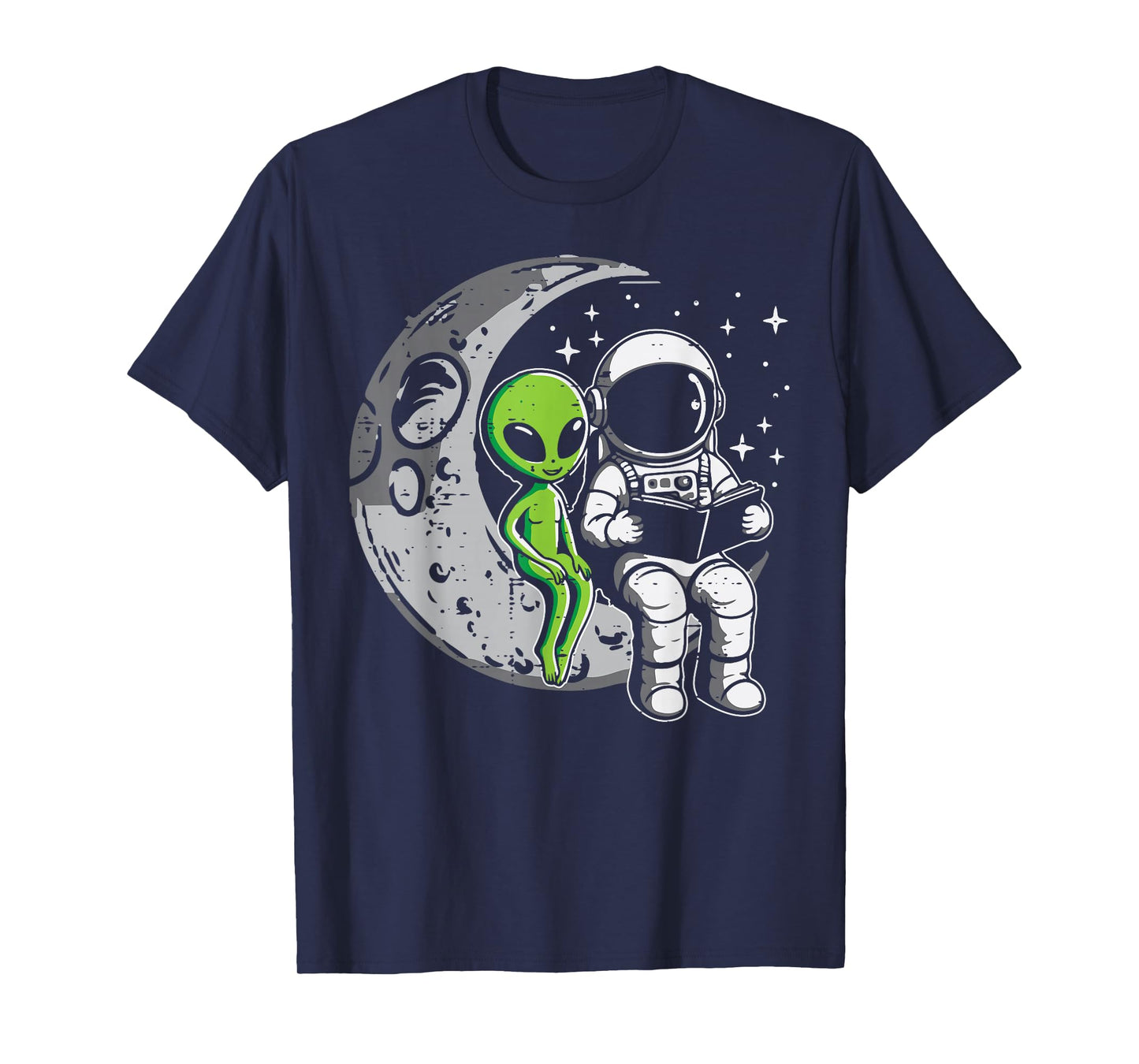 Astronaut Reading Book To Alien Moon Space Women Kids Men T-Shirt