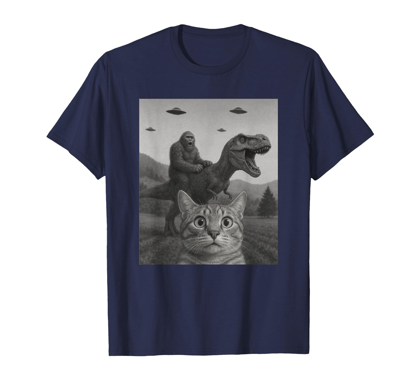 Cat Selfie with Bigfoot Riding T-rex Dinosaur Alien UFO Men Women Kids T-Shirt