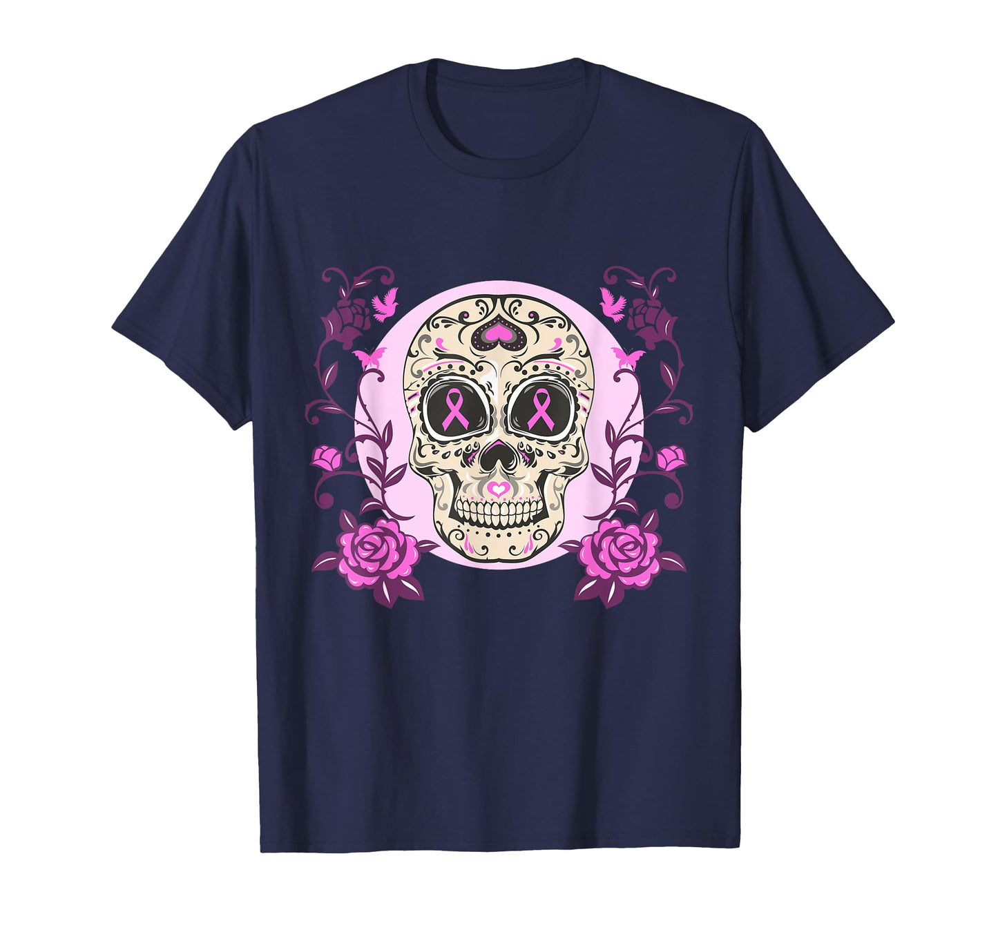 Sugar Skull Pink Ribbon Breast Cancer Awareness Calavera T-Shirt