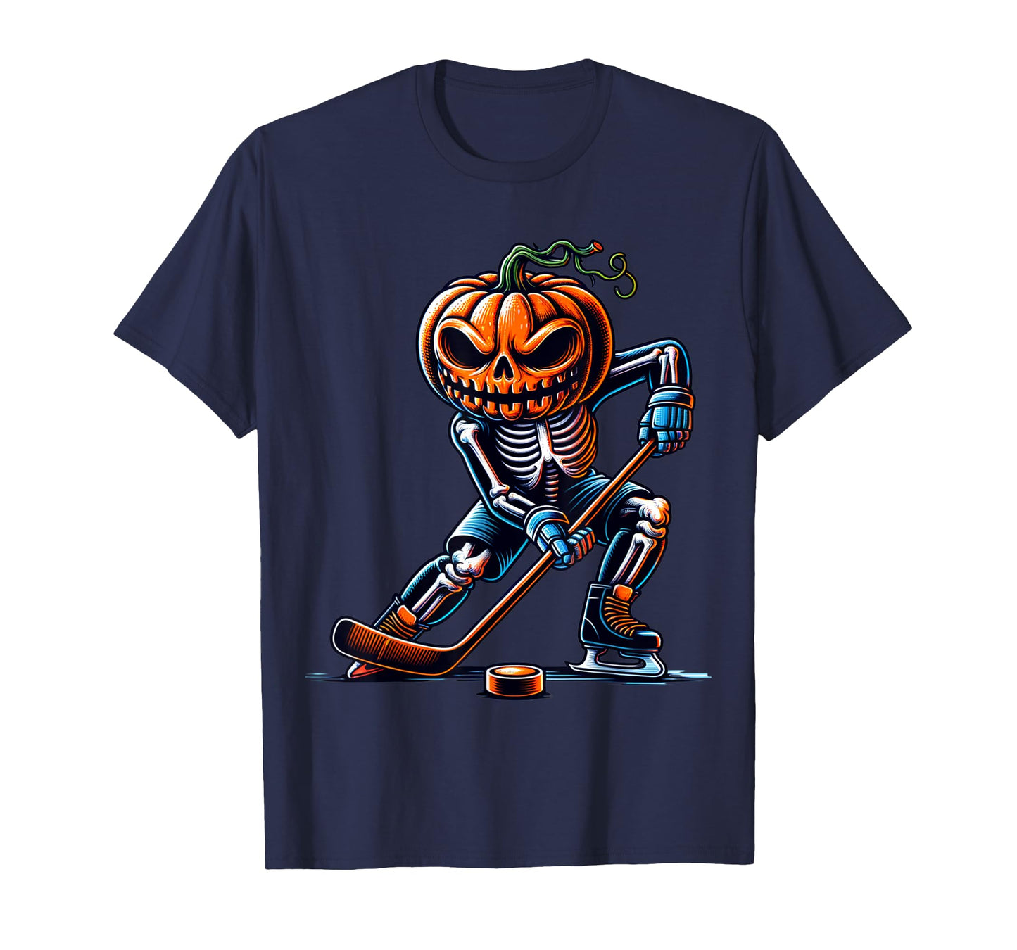Skeleton Ice Hockey Halloween Pumpkin Hockey Mens Boys Kids T-Shirt