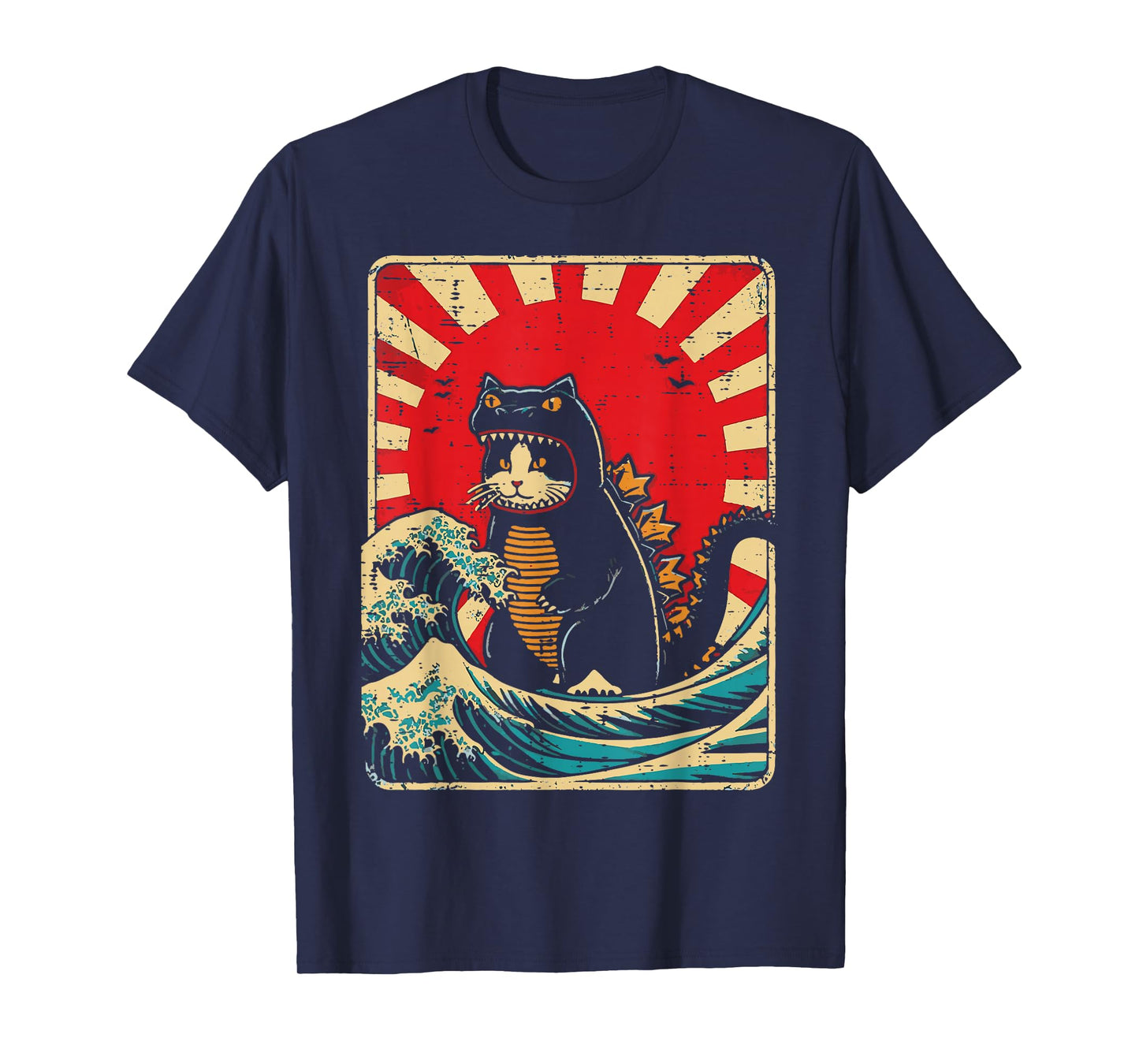 Cat Monster Waves Red Sun Japanese Catzilla Women Men Kids T-Shirt
