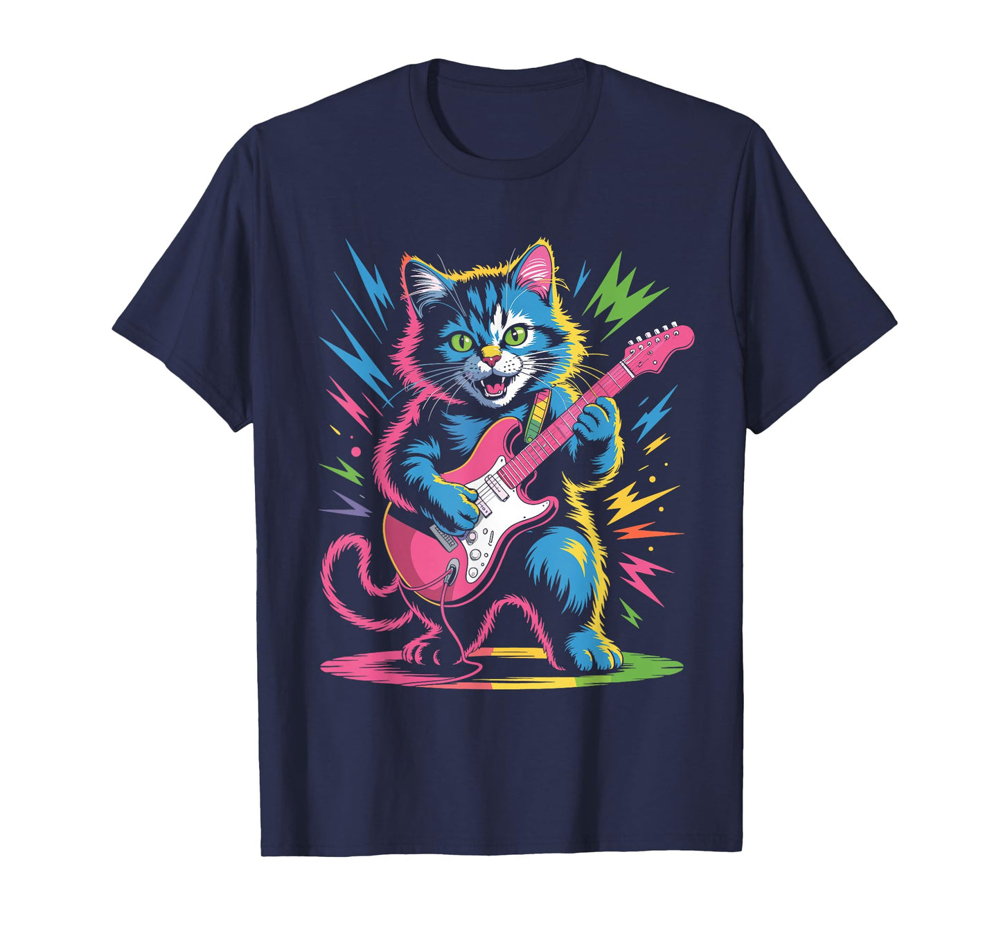 Rock Star Cat Playing Electric Guitar Roll Men Women Kids T-Shirt