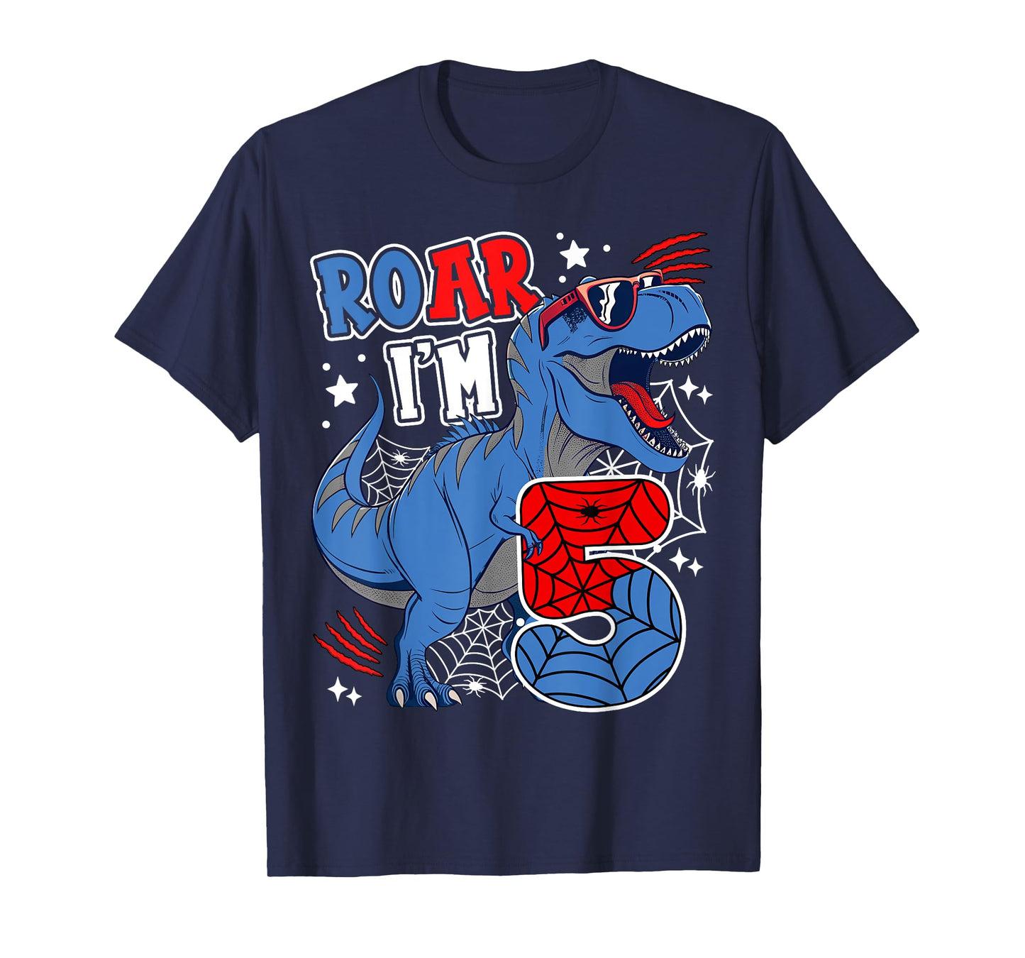 Dinosaur 5th Birthday Spider Theme Party 5 Years Boy Kids T-Shirt