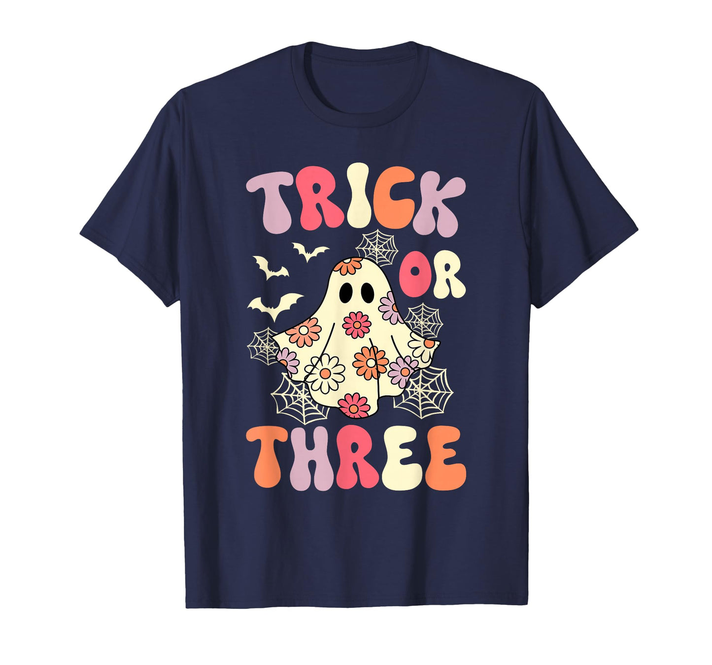 Trick Or Three 3 Years Old Birthday Groovy Ghost Halloween T-Shirt