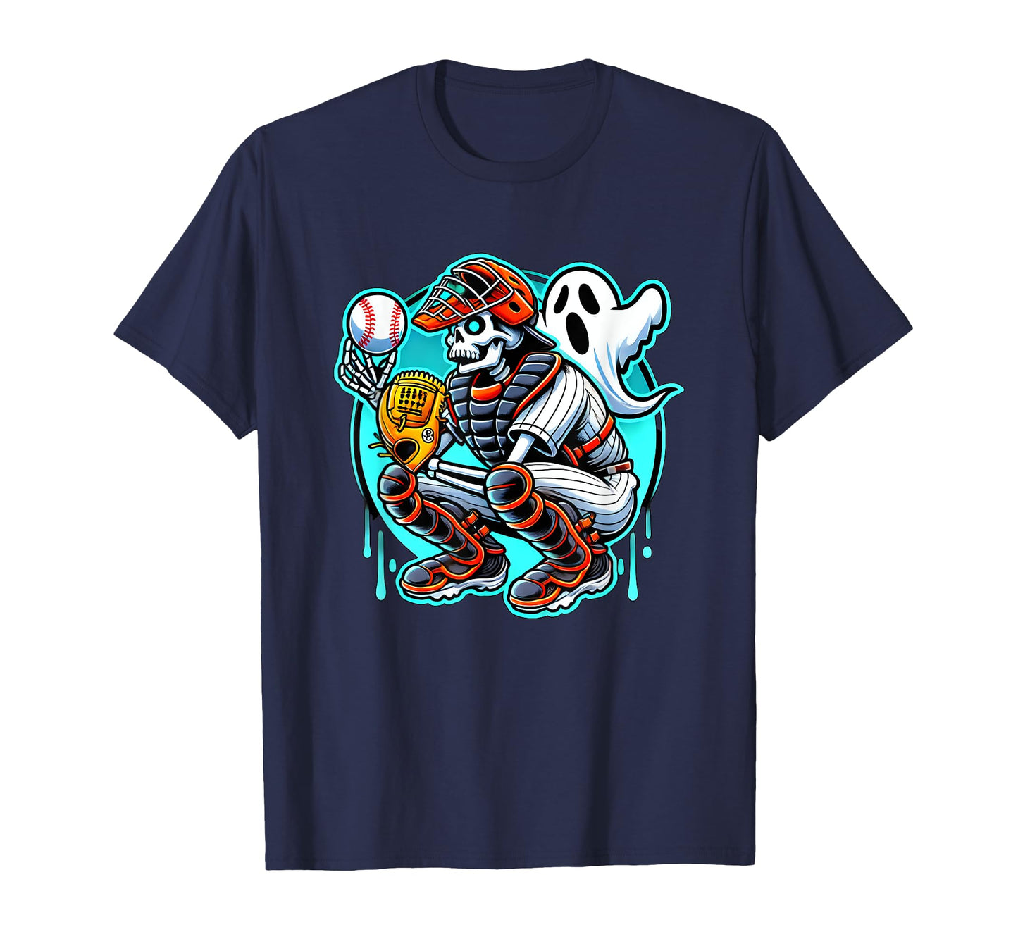 Halloween Skeleton Baseball Catcher T-Shirt
