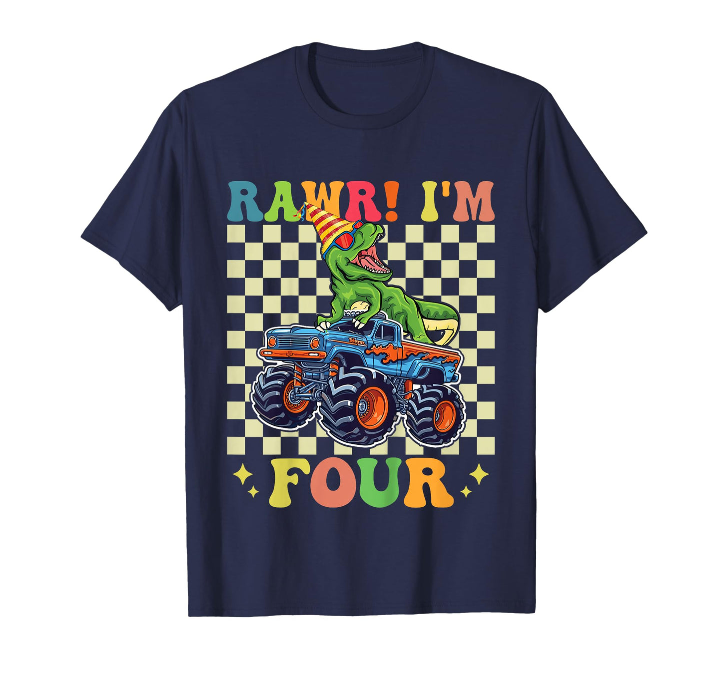 Kids 4th Birthday Monster Truck Dinosaur Party Boys Rawr I'm 4 T-Shirt