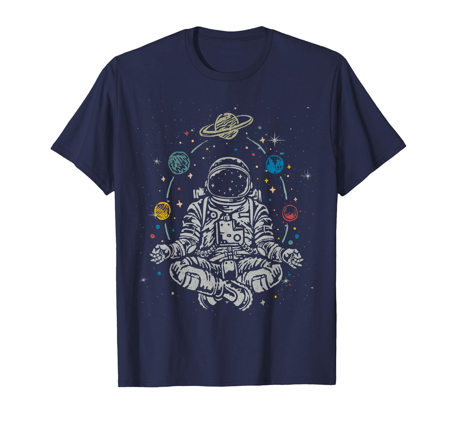 Vintage Lotus Meditating Astronaut Zen Yoga Planets Universe T-Shirt