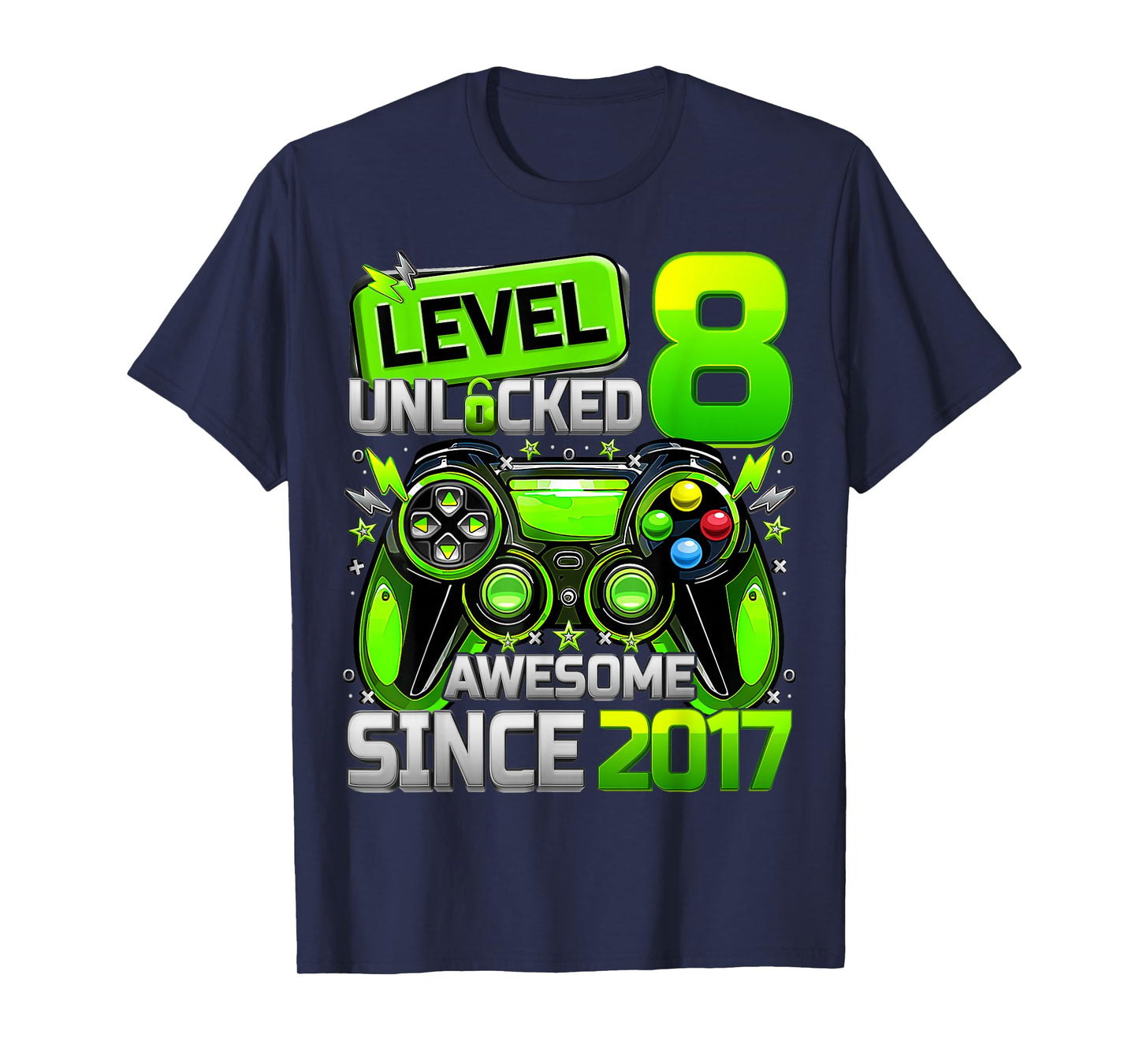 Level 8 Unlocked Awesome Since 2017 8th Birthday Gaming Kids T-Shirt