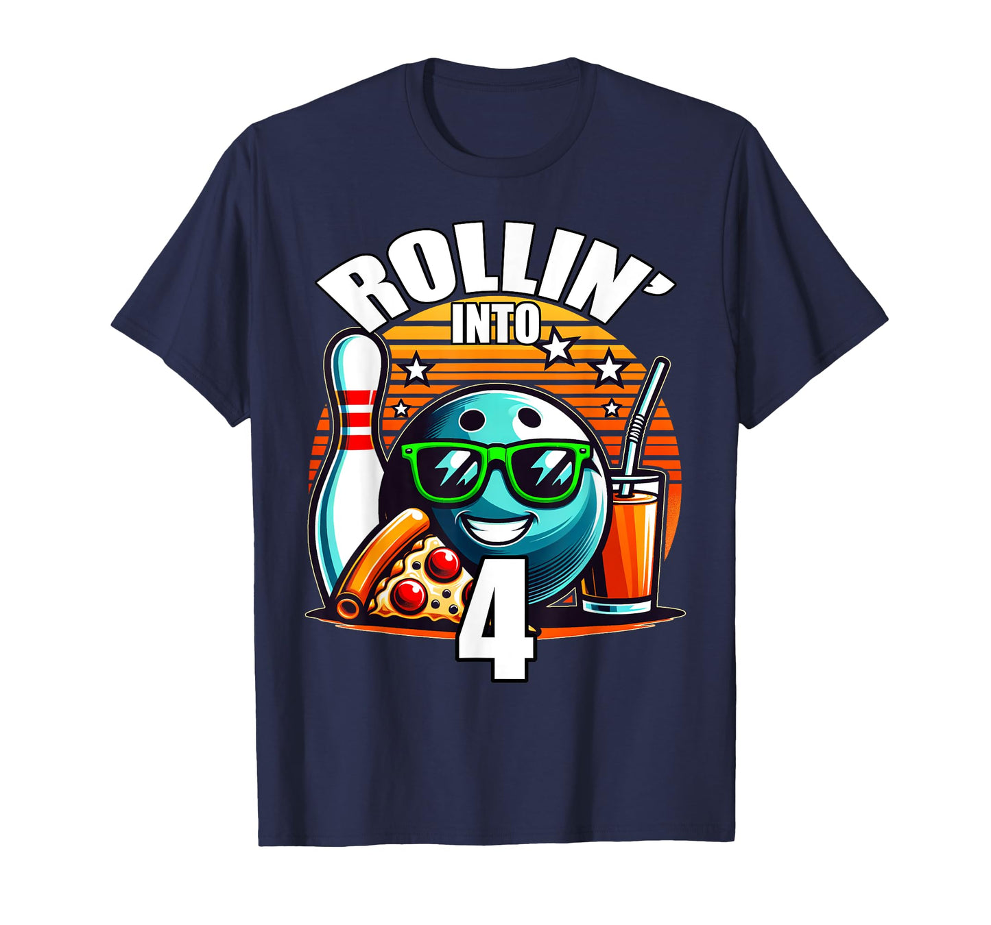 Rollin into 4 Bowling Birthday Party 4th Birthday Retro Kids T-Shirt
