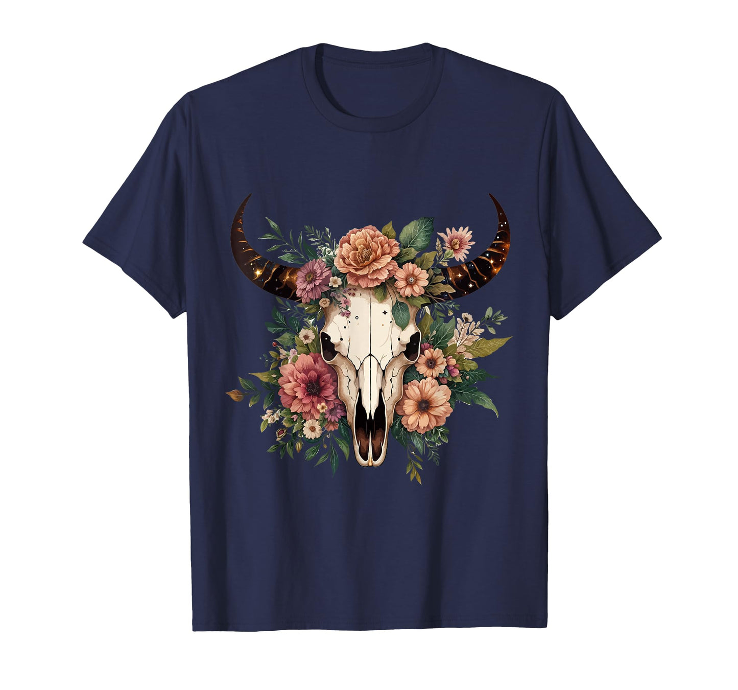 Boho Cow Bull Skull Flowers Wild west Western Cowgirl Texans T-Shirt