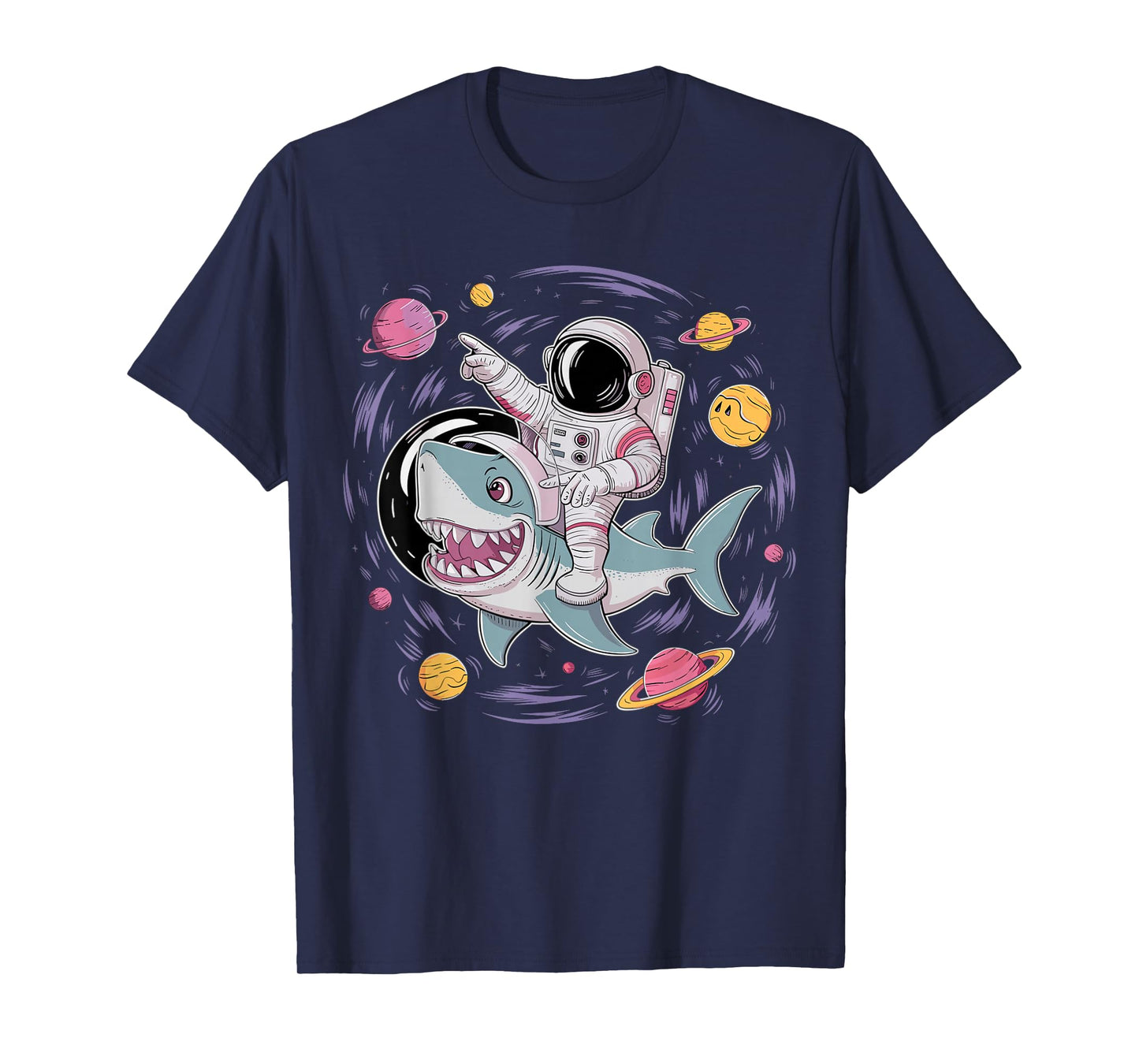 Astronaut Riding Shark Birthday Party in Outer Space T-Shirt