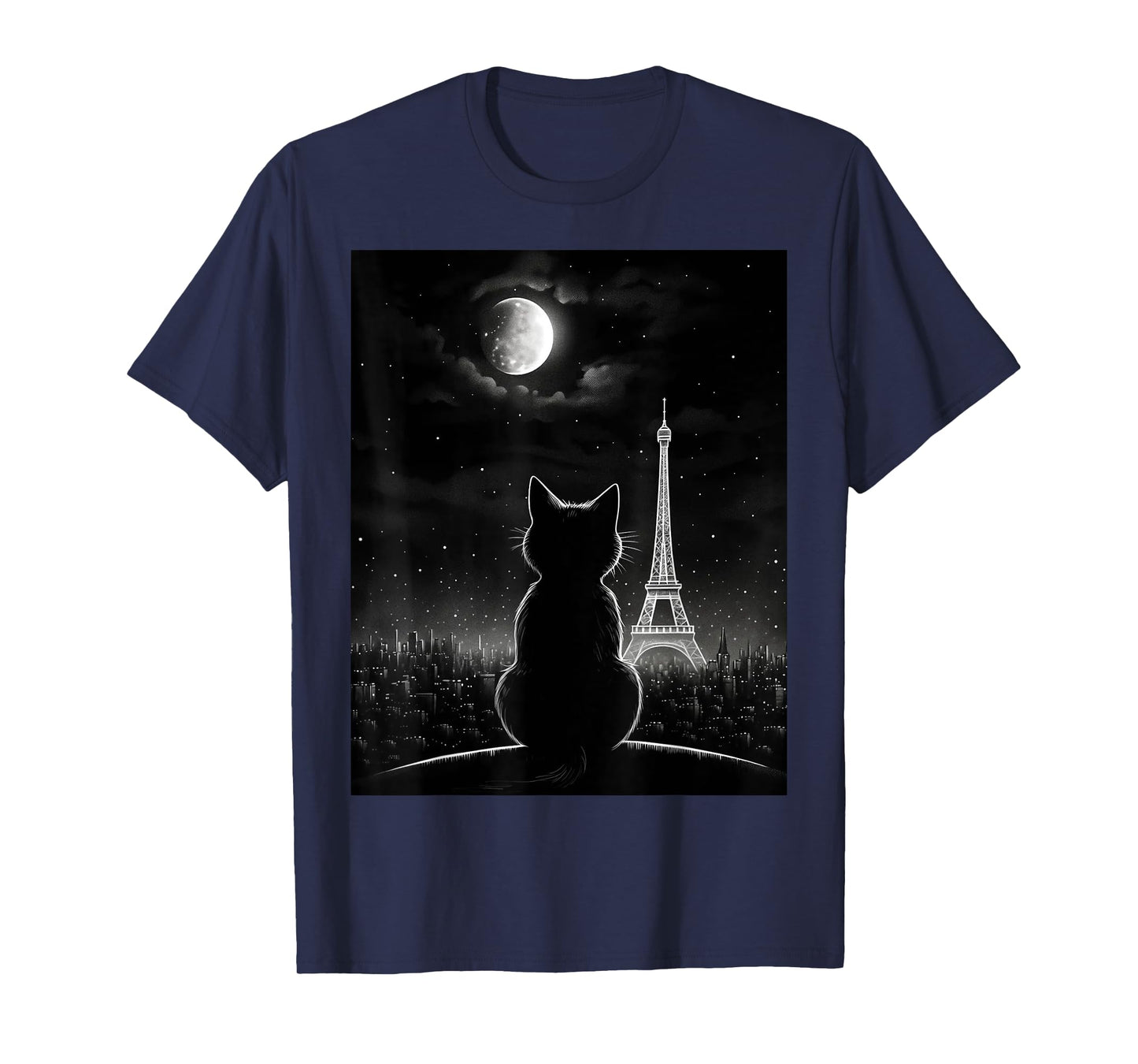 Aesthetic Black Cat Star Night Eiffel Tower In Paris T-Shirt