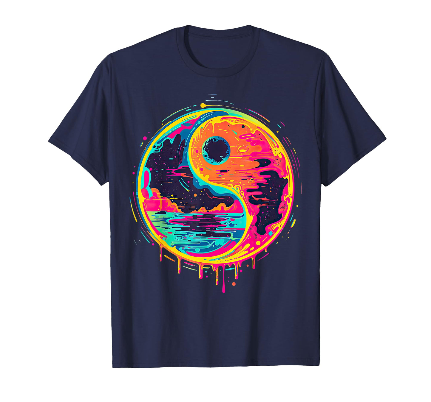 Trippy Yin Yang Zen Cosmic Yoga Design Vaporwave Psychedelic Rave Art Unisex-Adults T-Shirt - Black - Small - Short Sleeve