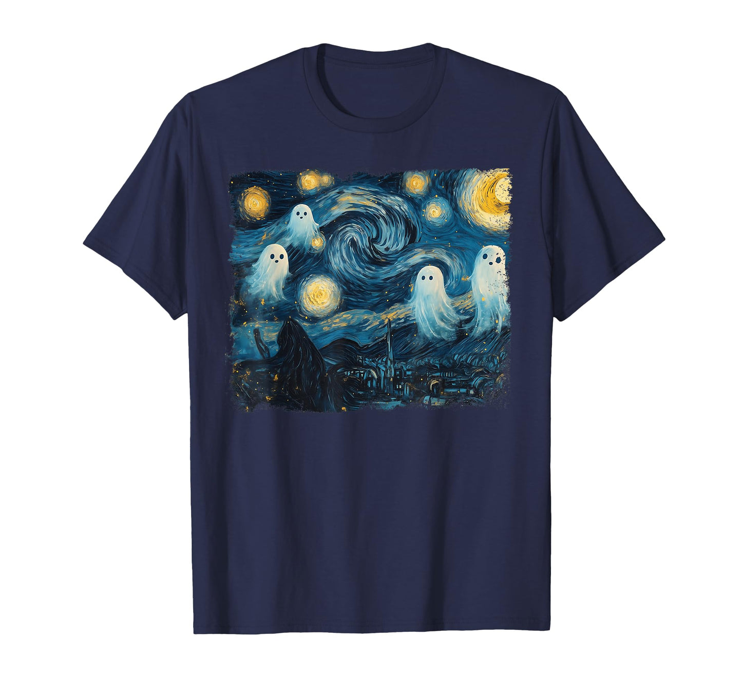 Cute Ghost Starry Night Halloween Spooky Retro Van Gogh Art T-Shirt