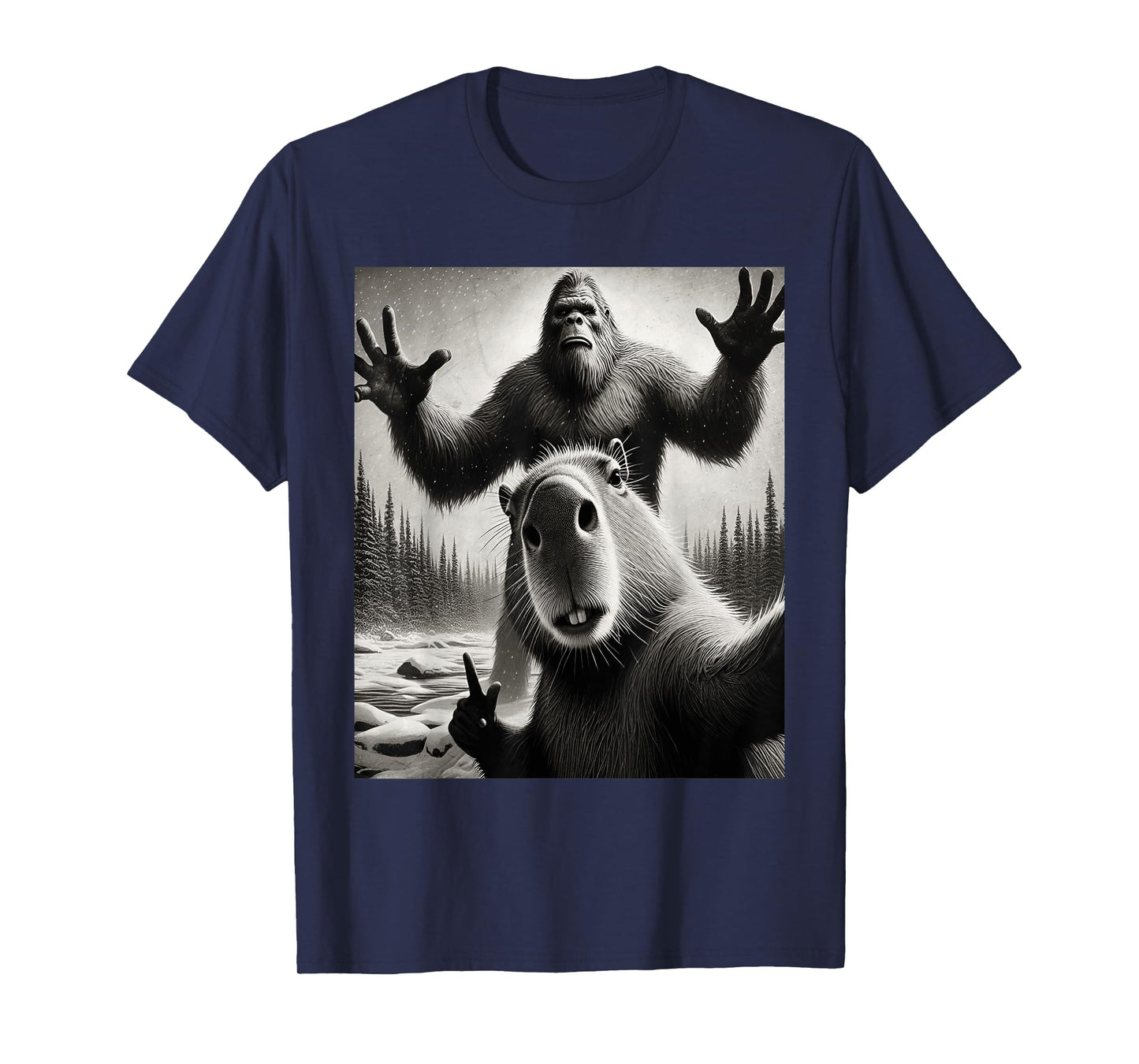 Funny Selfie Capybara Finds Bigfoot Sasquatch Photo T-Shirt