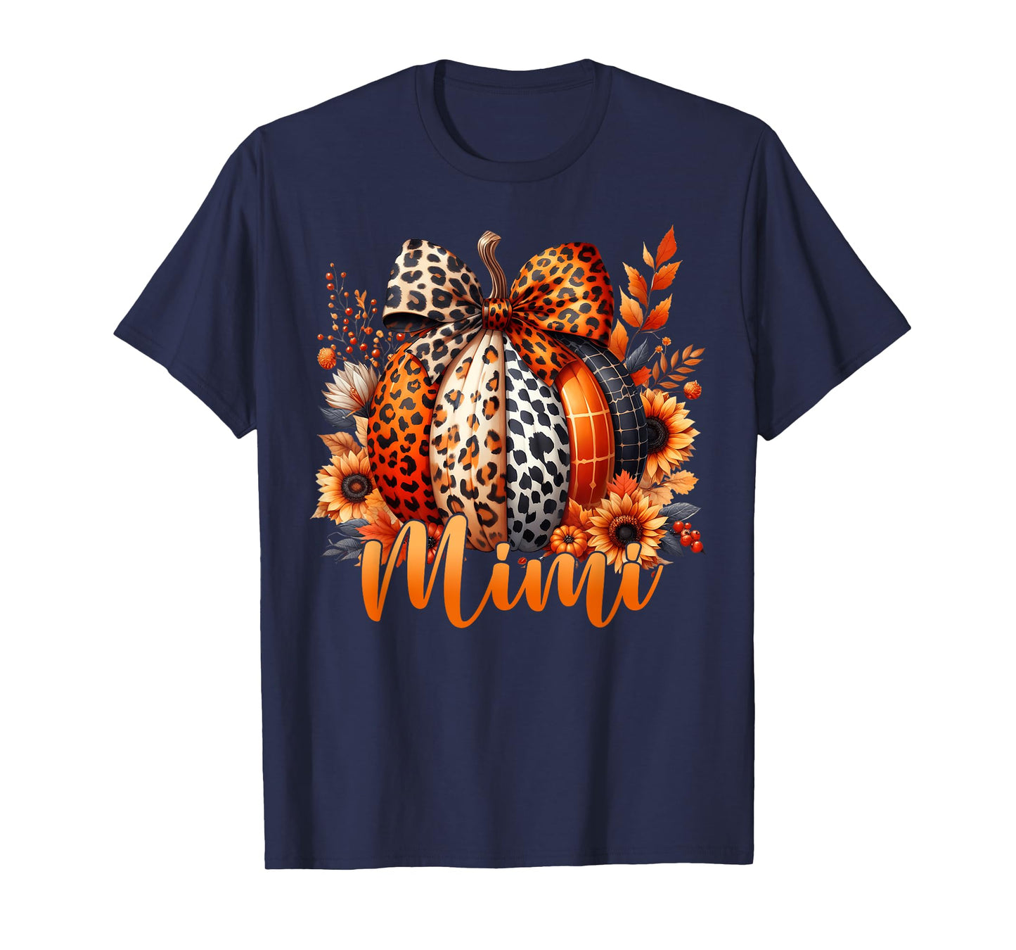 Mimi Thanksgiving Leopard Pumpkin Sunflower Coquette Bow T-Shirt