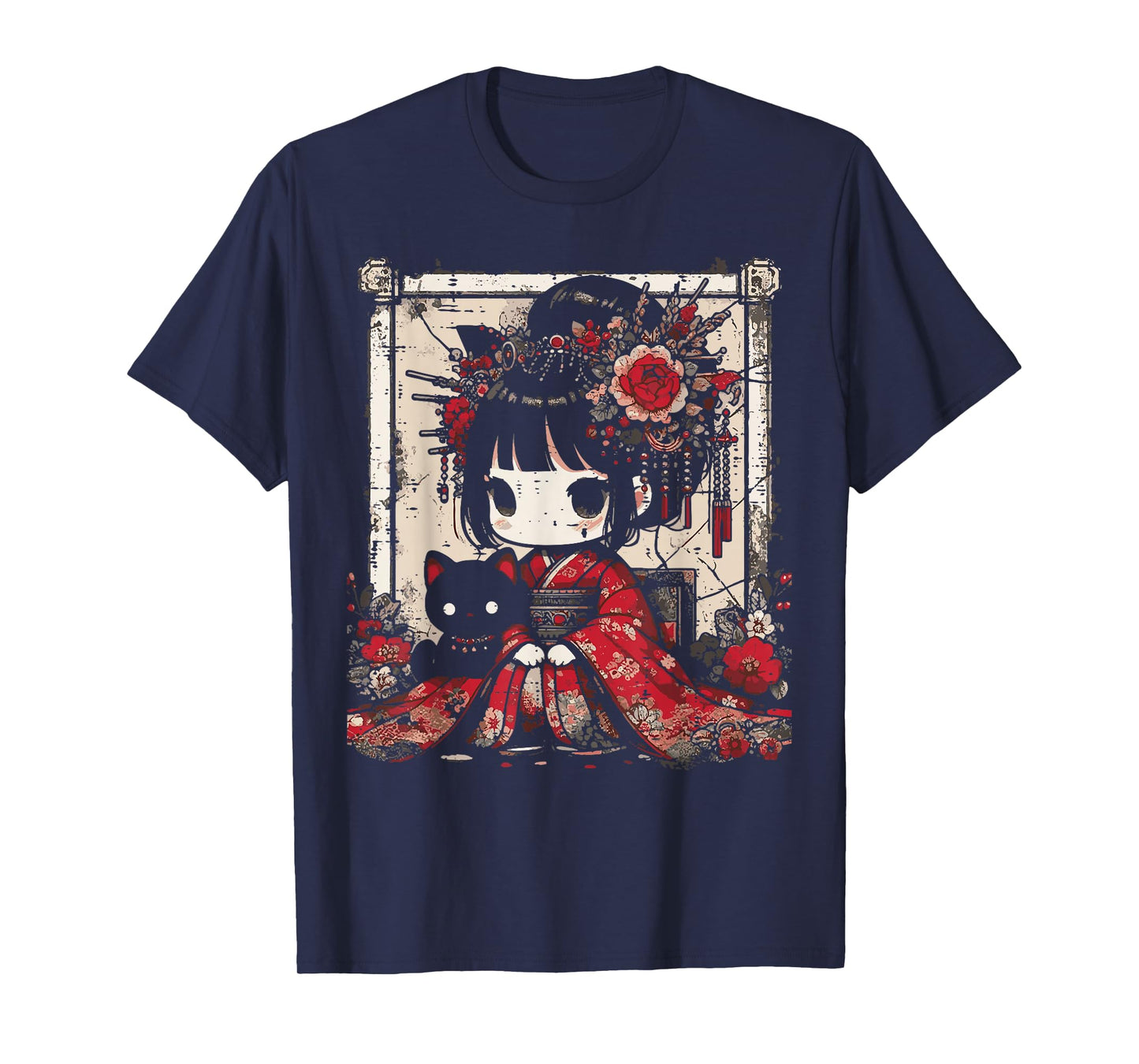 Chibi Kimono Girl Black Cat Flowers Japanese Art Women Kids T-Shirt