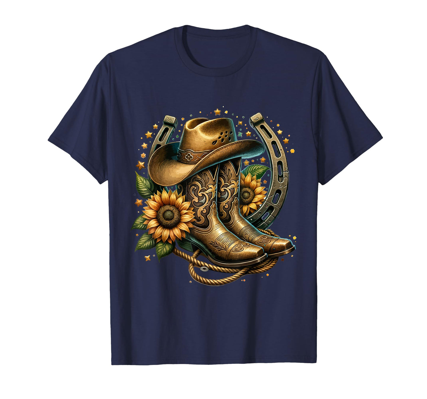 Vintage Rustic Western Country Cowboy Boot Art Tee - Women's Western Themed Floral Boot, Rope & Hat T-Shirt - Black, Small