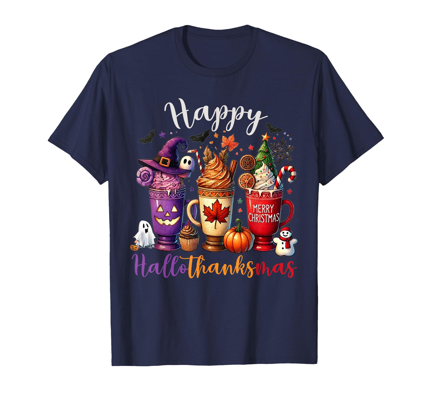 Happy Hallothanksmas Coffee Lover Halloween Merry Christmas T-Shirt