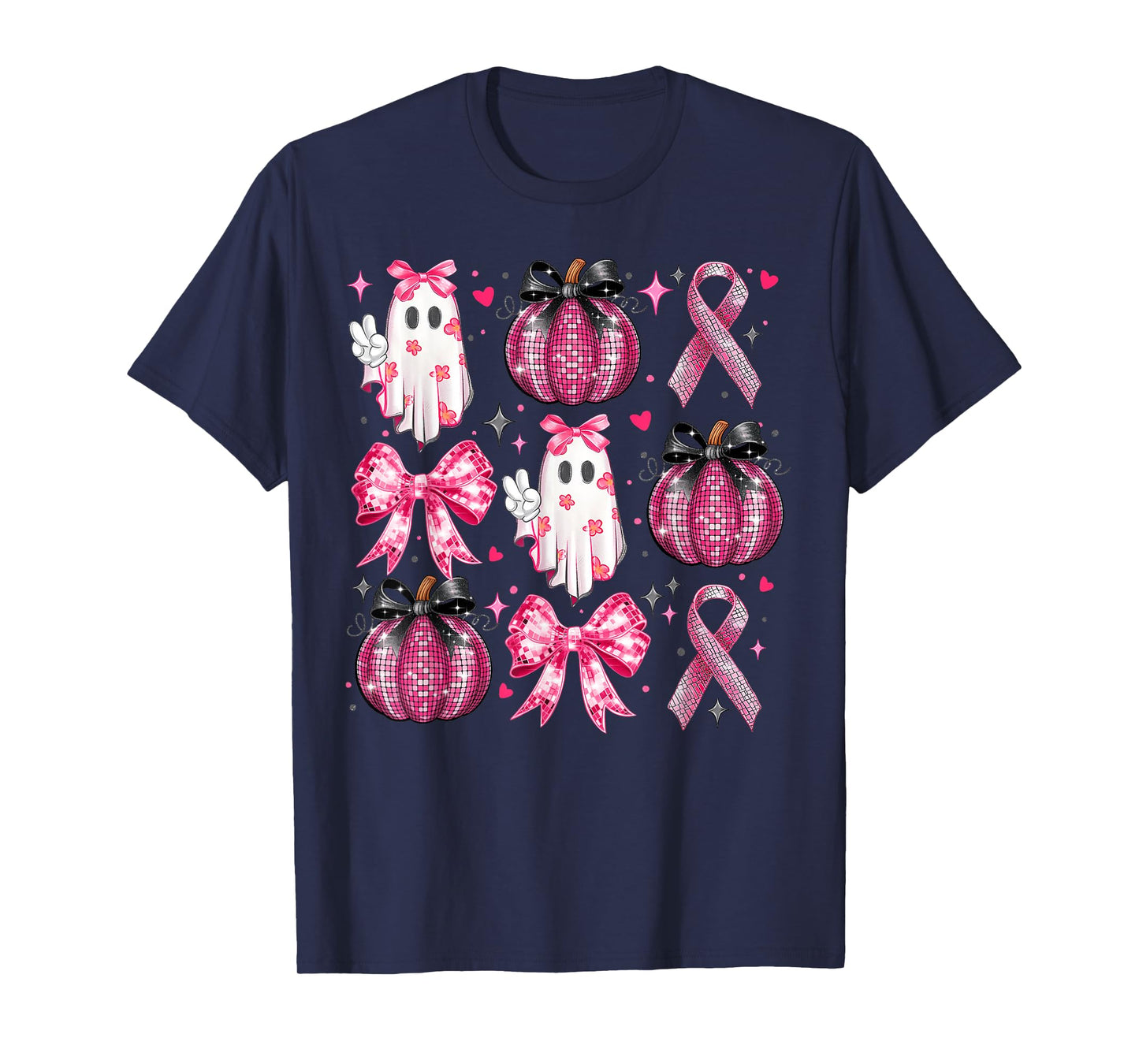 Halloween Pumpkin Pink Ribbon Disco Ghost Bow Breast Cancer T-Shirt