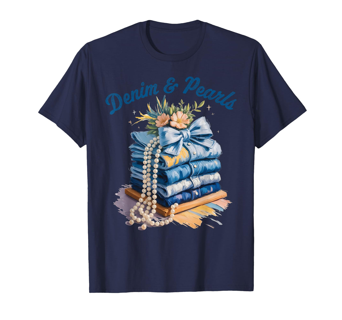 Pearls & Denim 2025 Oilpaint Style Outfit for Stylish Women T-Shirt