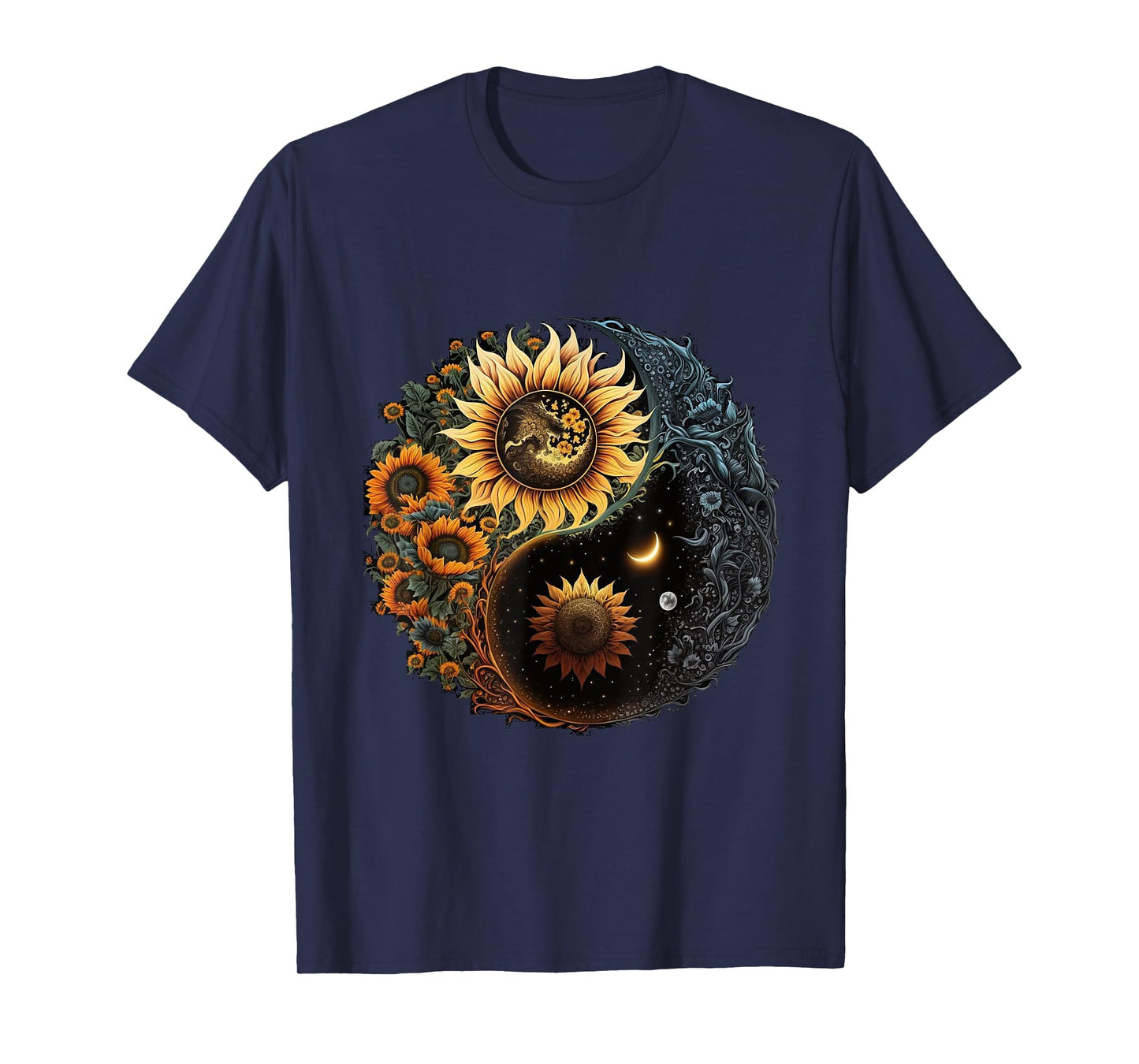 Yin And Yang Aesthetic Sunflower And Crescent Moon Art T-Shirt