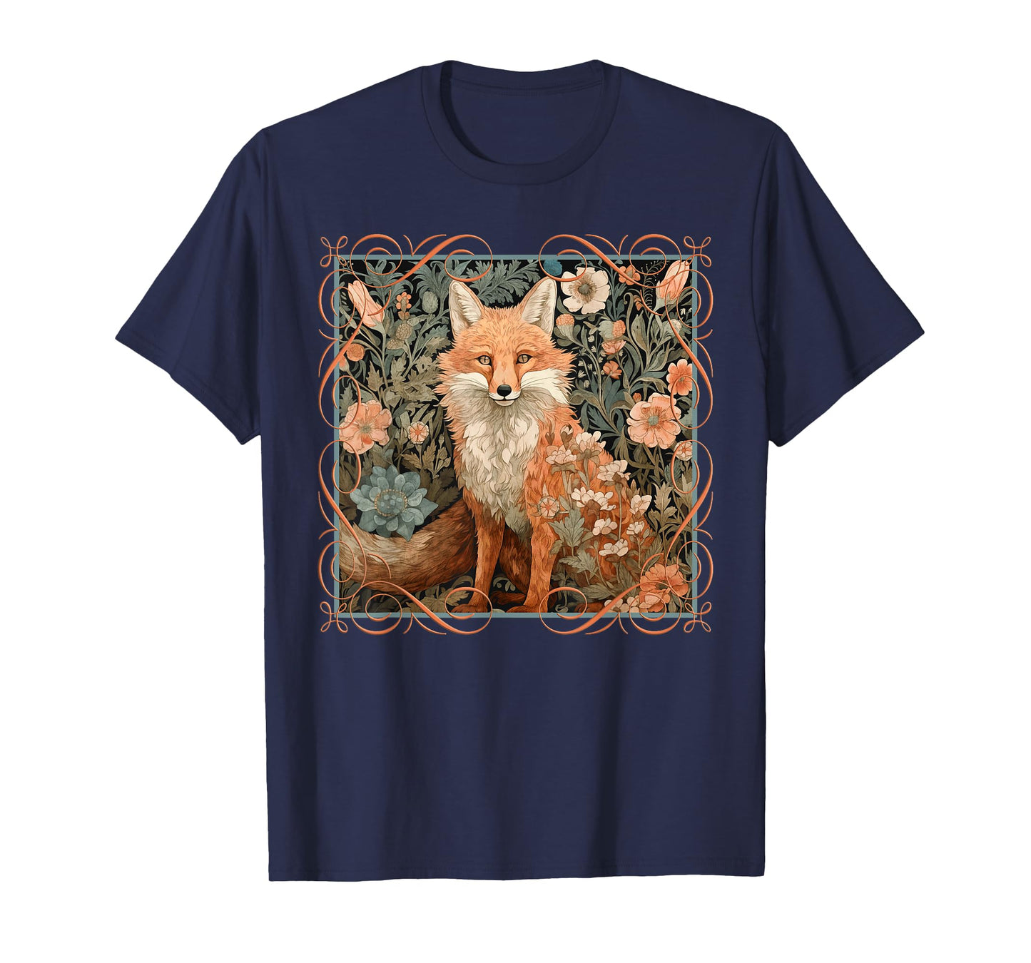 Red Fox in a William Morris Style Garden T-Shirt