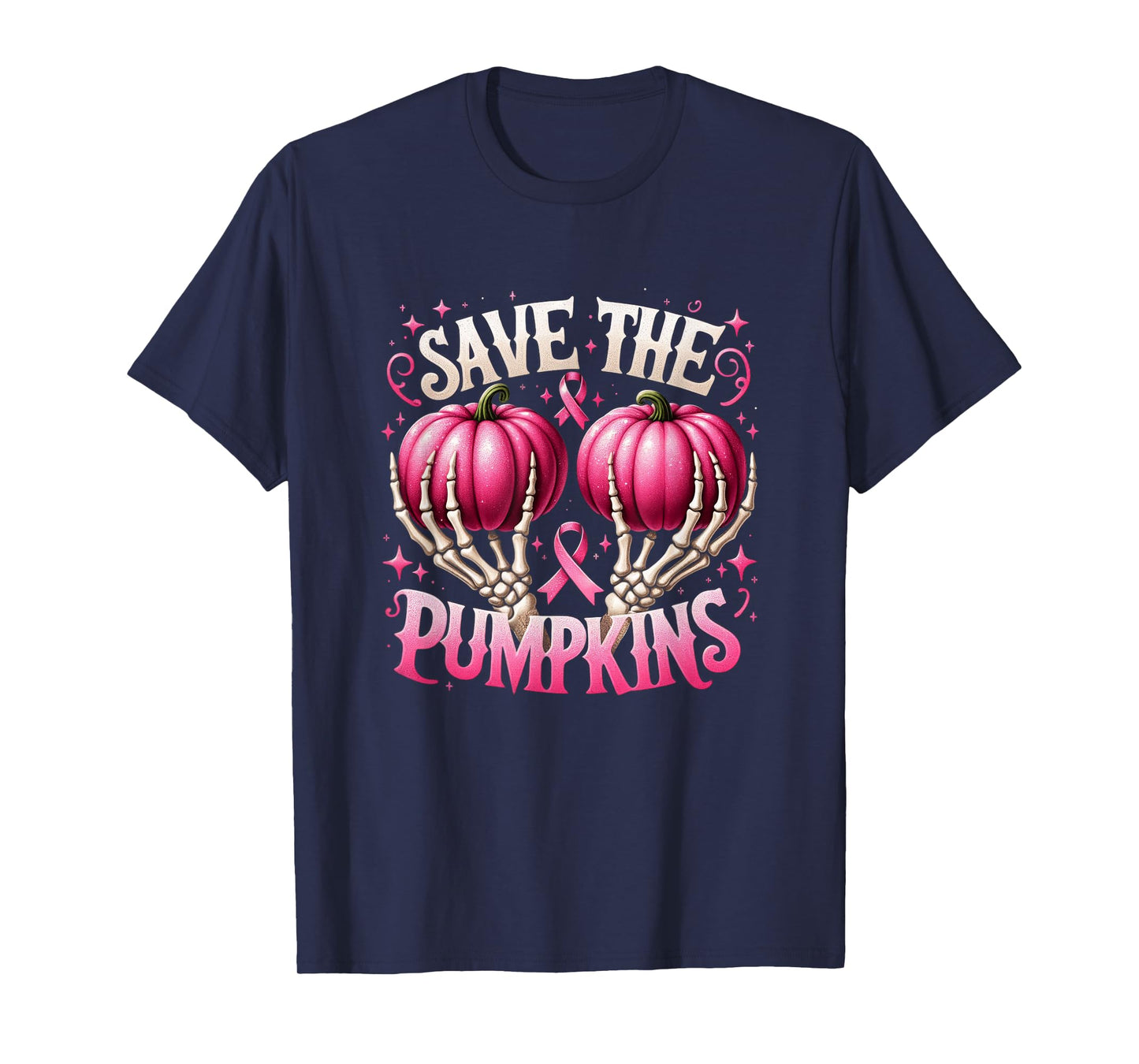 Save The Pumpkins Breast Cancer Awareness Skeleton Halloween T-Shirt