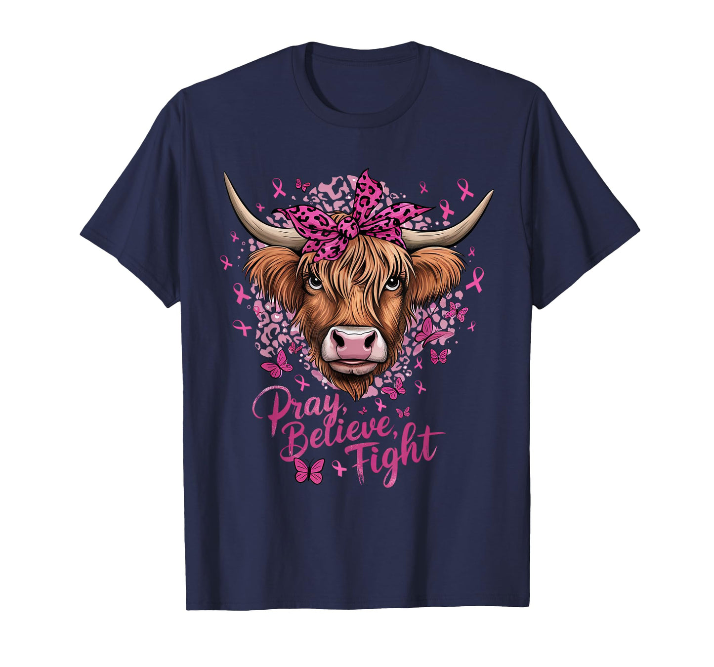 Highland Cow Pink Ribbon Breast Cancer Awareness T-Shirt