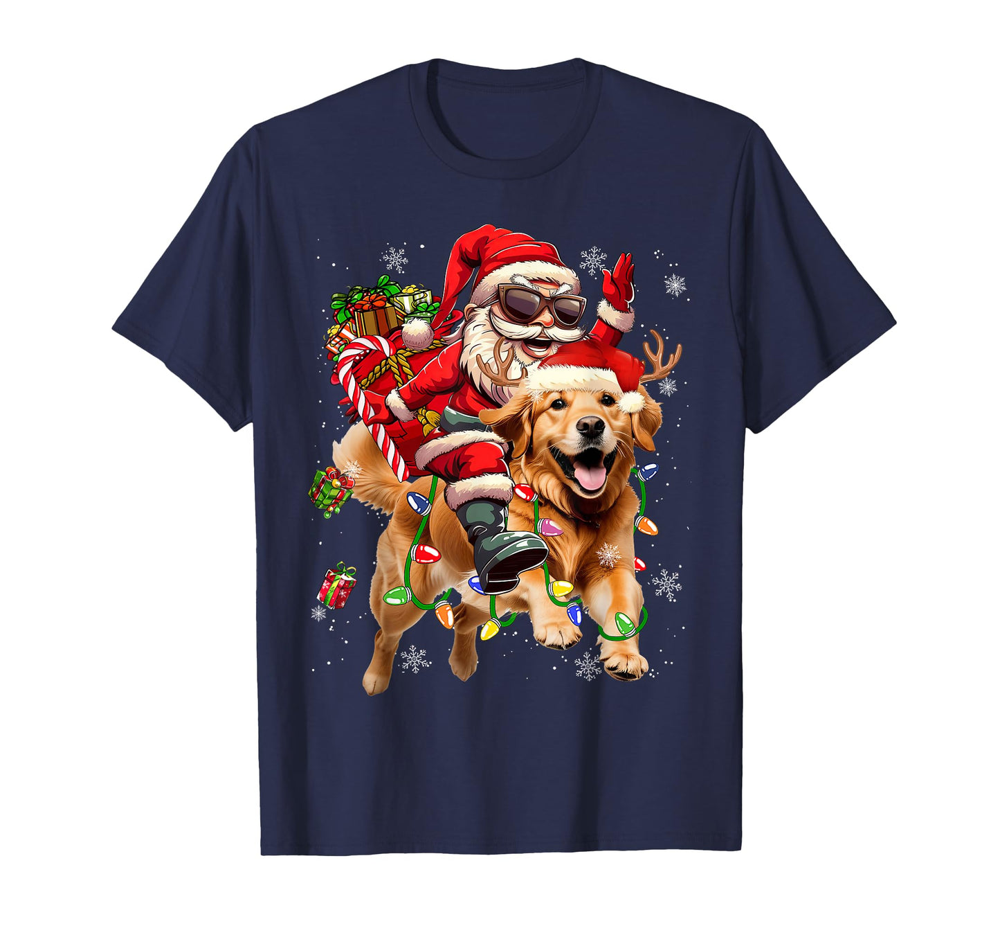 Merry Christmas 2025 Santa Riding Golden Retriever Dog Xmas T-Shirt
