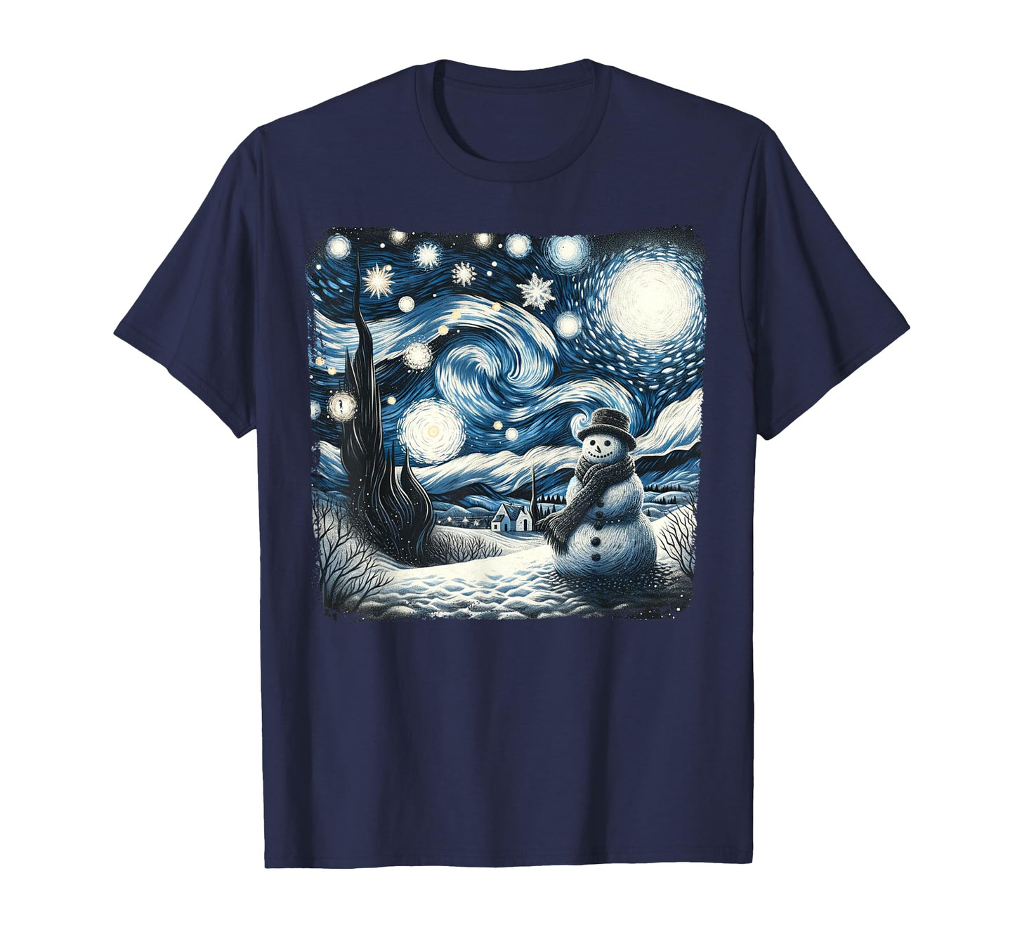 Van Gogh Starry Night Christmas Snowman Winter Snowy Night T-Shirt