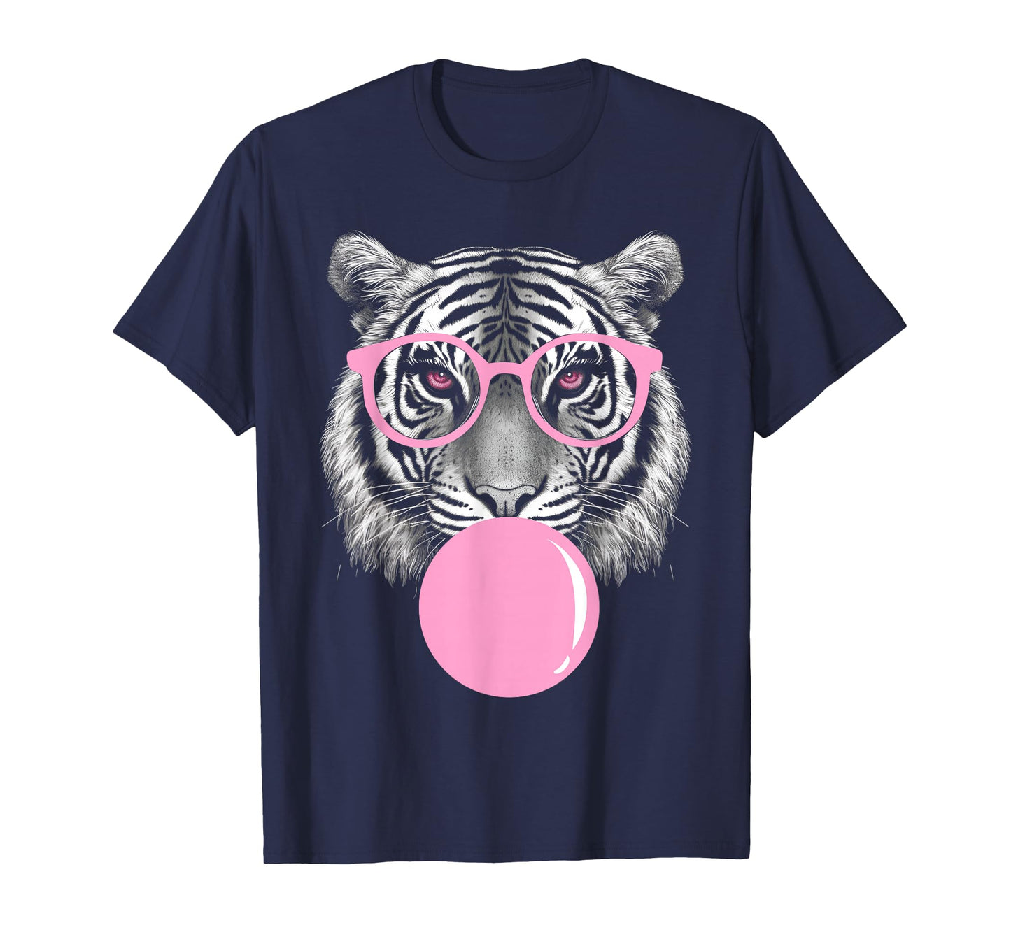 Funny Tiger Wearing Glasses and Blowing Pink Bubble Gum T-Shirt