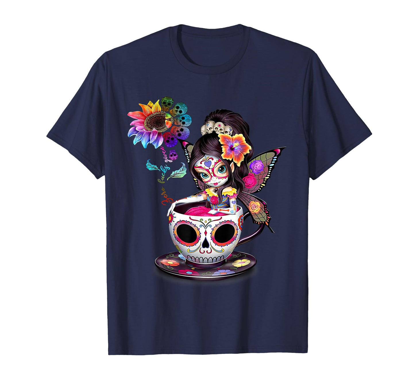 Zero Fucks Given Sugar Skull Rainbow Sunflower Skeleton T-Shirt