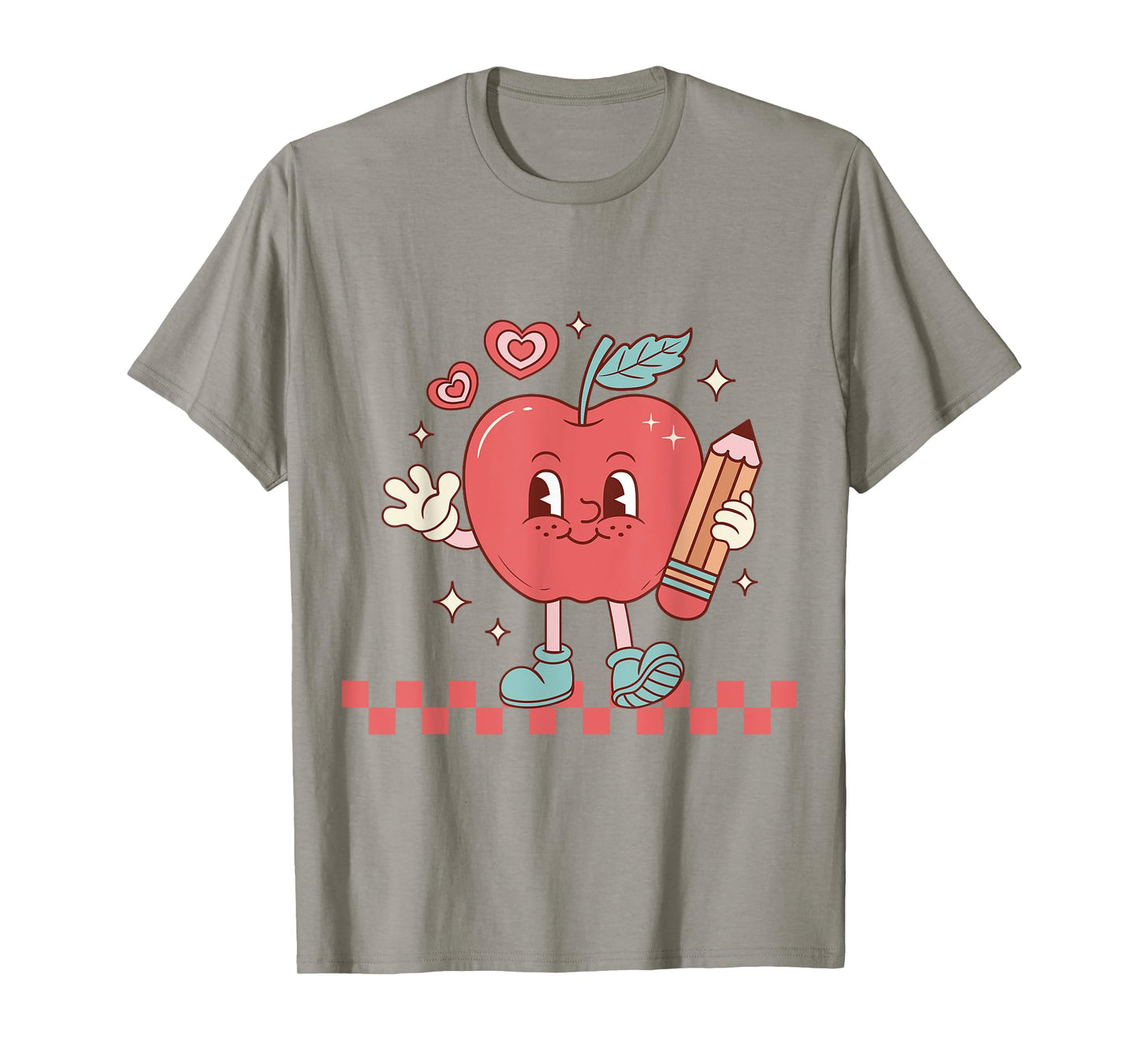 Cute Retro Checkered Apple with Face Teacher Pencil Trendy T-Shirt