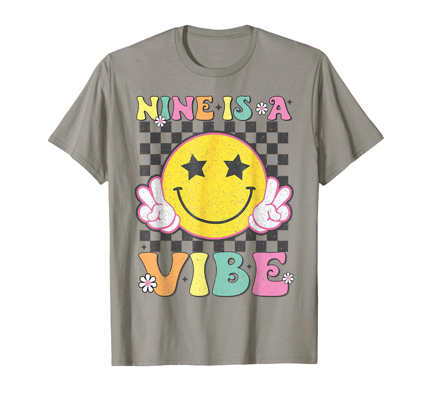 Nine Is A Vibe 9th Birthday Groovy Smile Face 9 Years Old T-Shirt