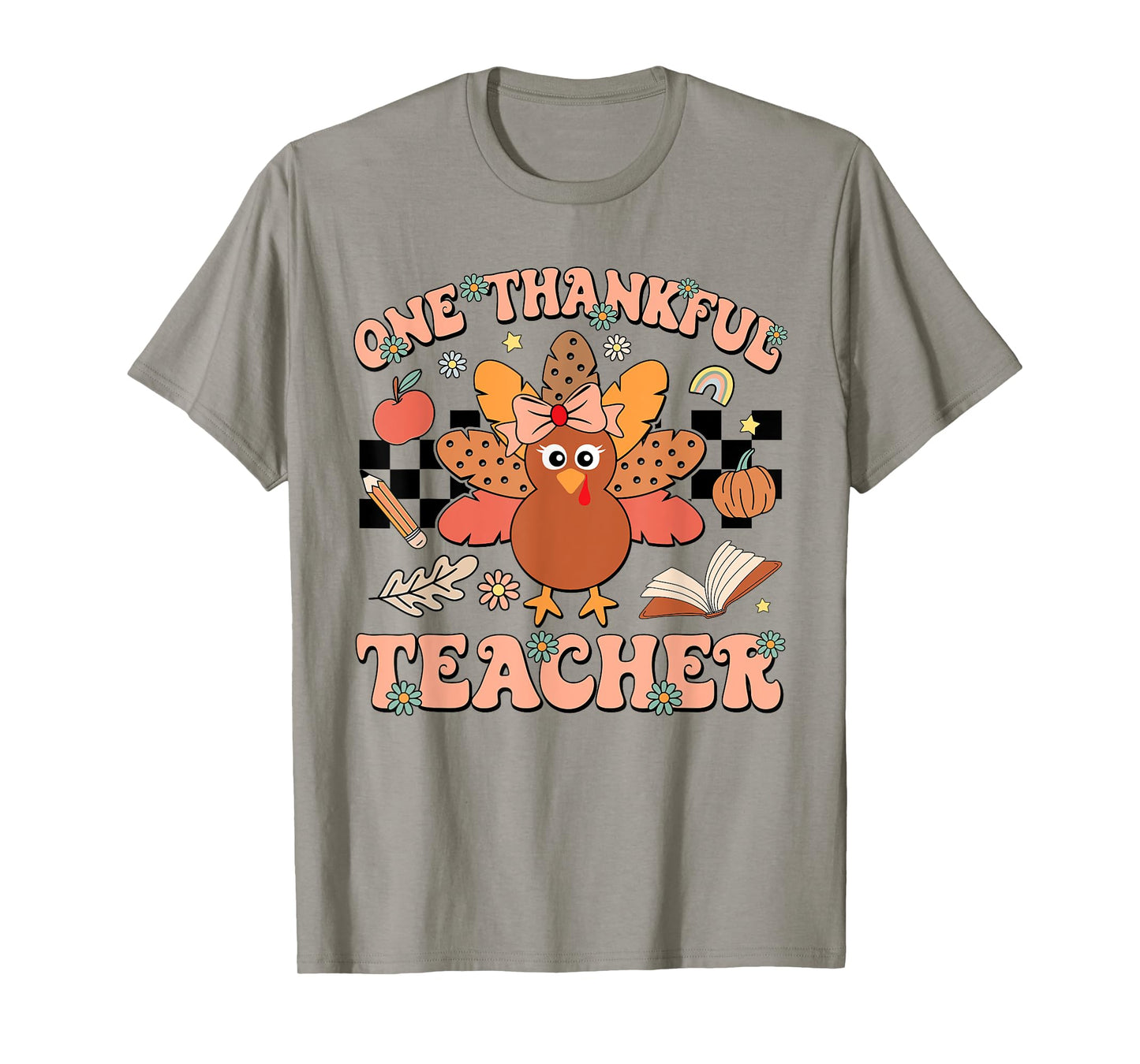 One Thankful Teacher Thanksgiving Retro Groovy Fall Teachers T-Shirt